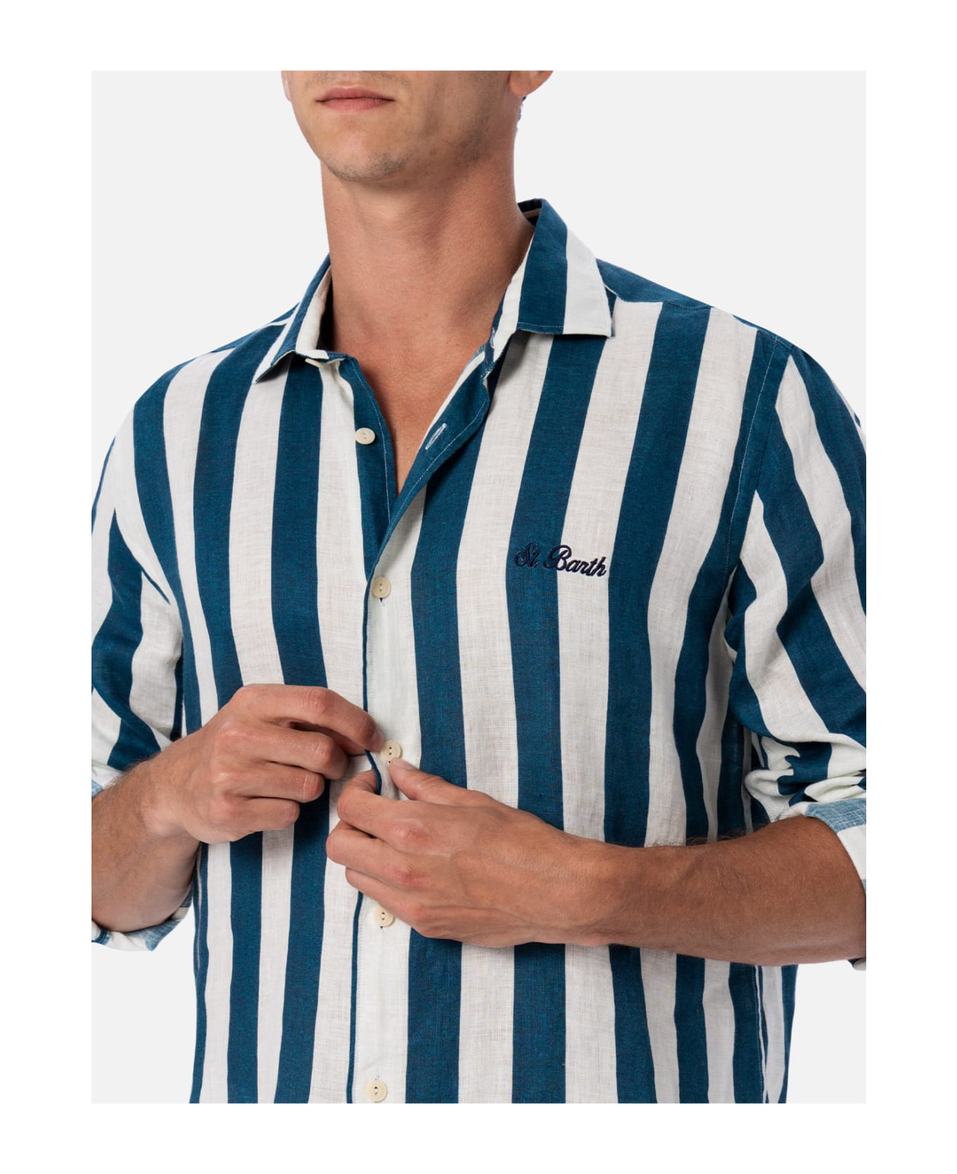MC2 Saint Barth Man Navy Blue Striped Linen Shirt Pamplona - BLUE