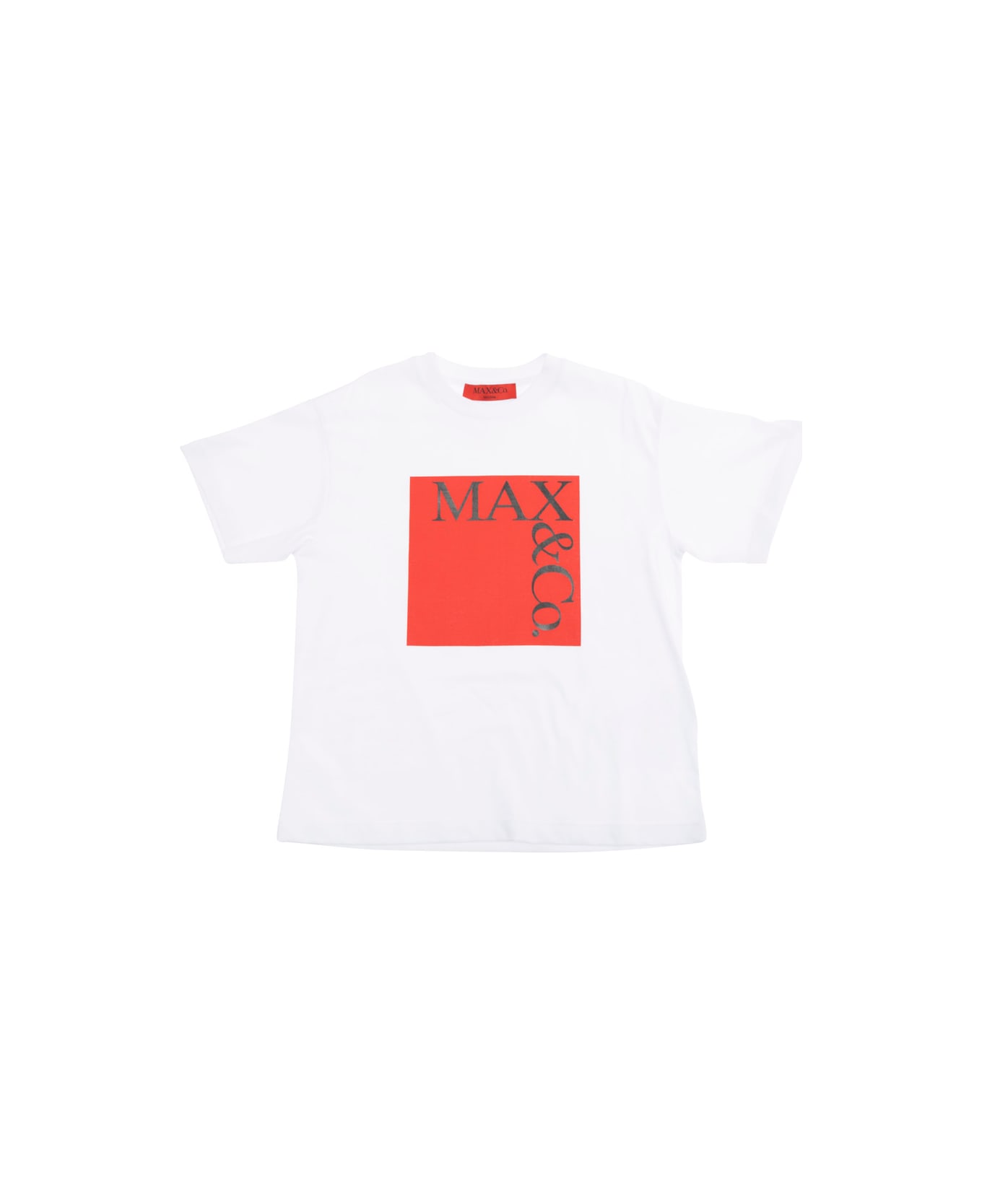 Max&Co. White Crewneck T-shirt With Maxi Logo Print On The Front In Tech Fabric Girl - White