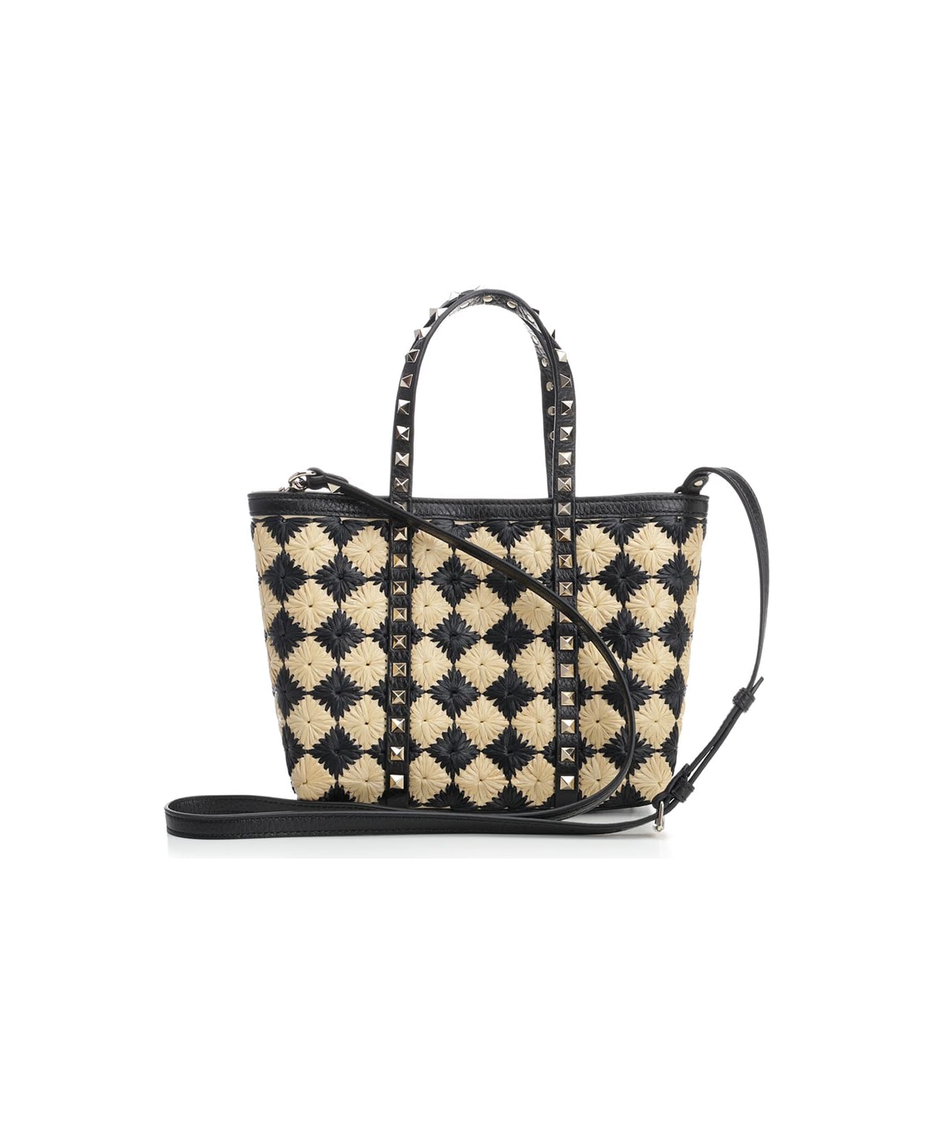 Valentino Garavani Embroidered Raffia Mini Rockstud Handbag - NATURALENERO