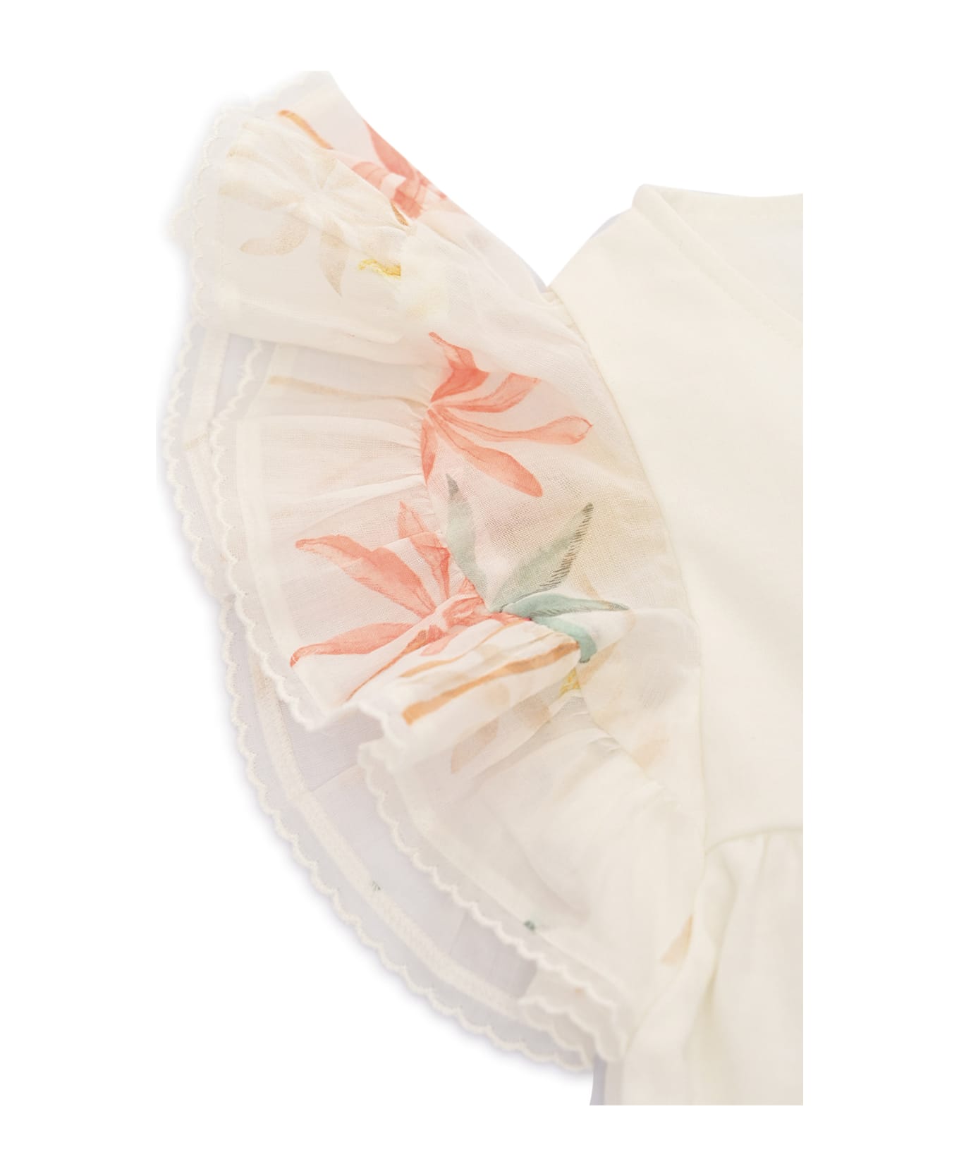 Chloé Short Sleeves Dress In 100% Organic Cotton Interlock. Ruffled Sleeves In 100% Organic Cotton Veil With Palm Grove" Seasonal Print. Chlo Embroidery On  - WHITE