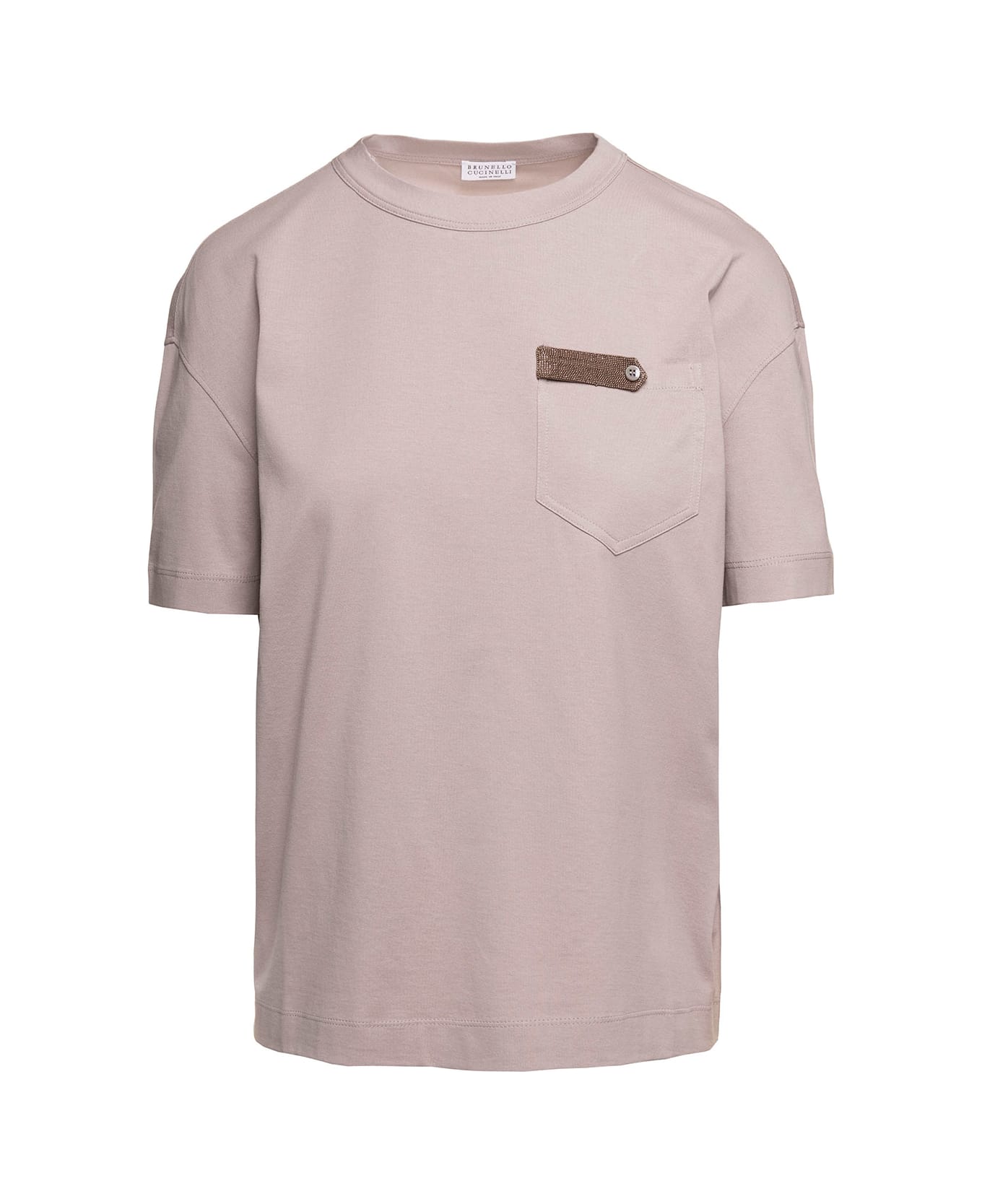Brunello Cucinelli Beige Crewneck T-shirt With Monile Detail In Cotton Woman - Pink Antique