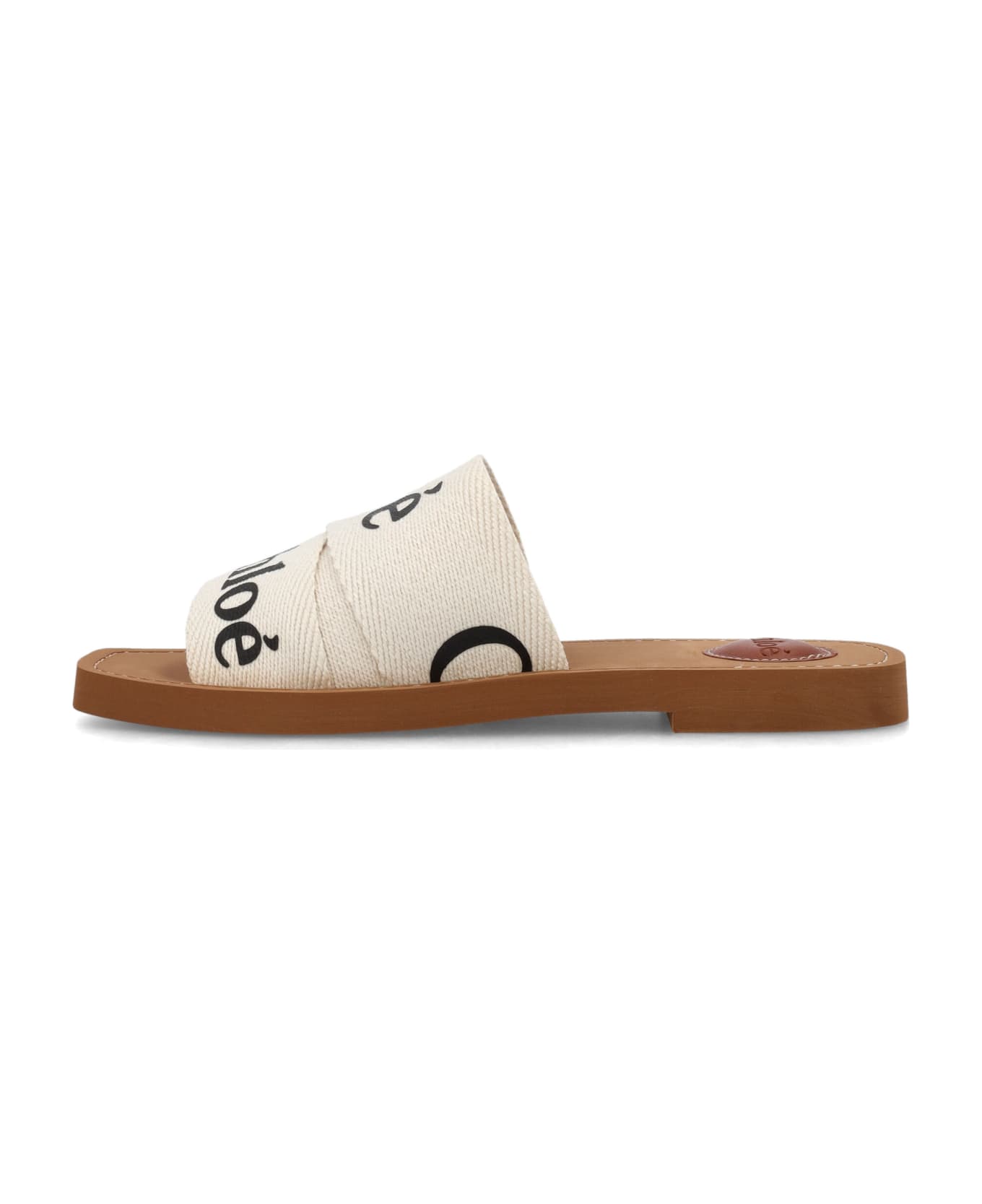 CHLOÉ WOODY WEDGE SANDALS IN BLACK CANVAS WITH CIDER BROWN RUBBER SOLE