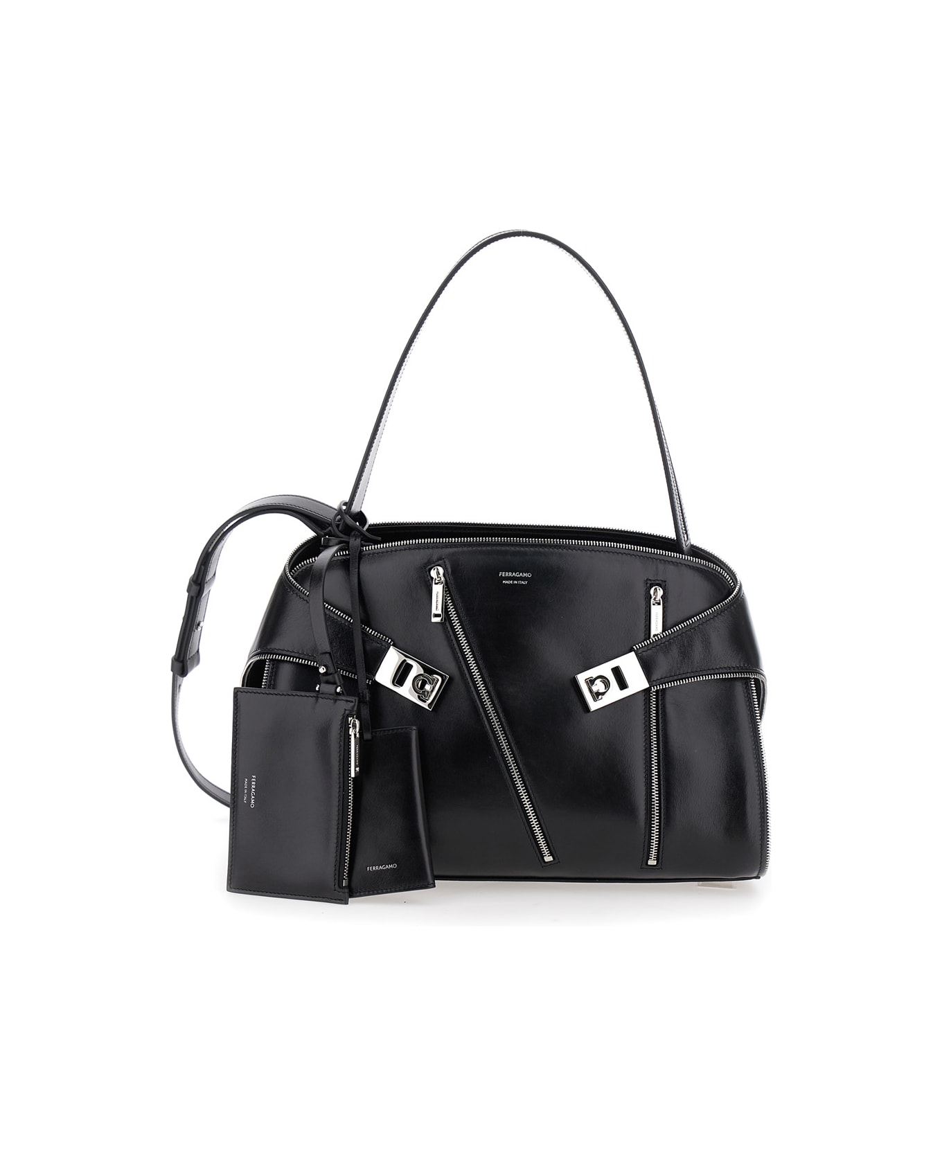 Ferragamo 
hug
 Black Shoulder Bag With Multiple Zips And Adjustable And Removable Shoulder Strap In Leather Woman - Black