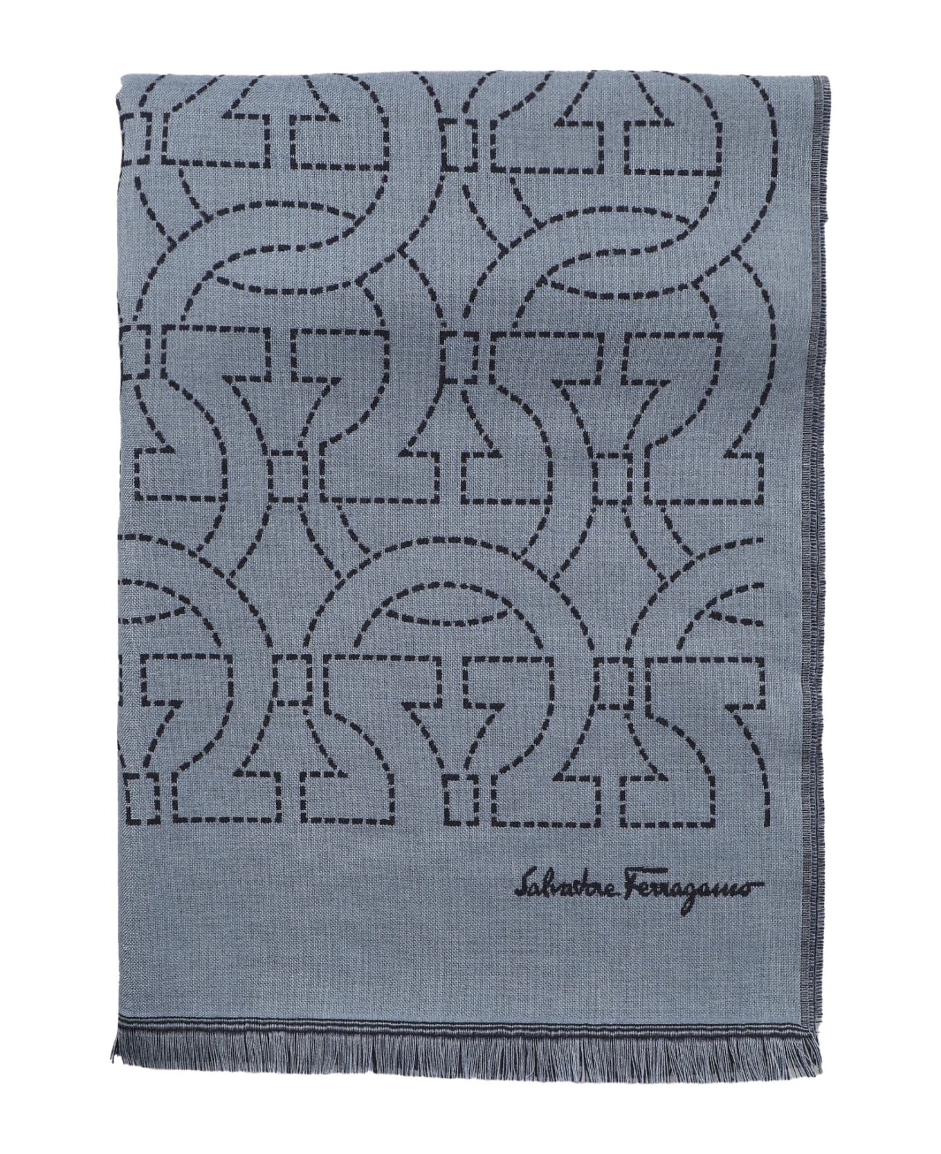Ferragamo Wool Scarf With Gancini Logo - Grey