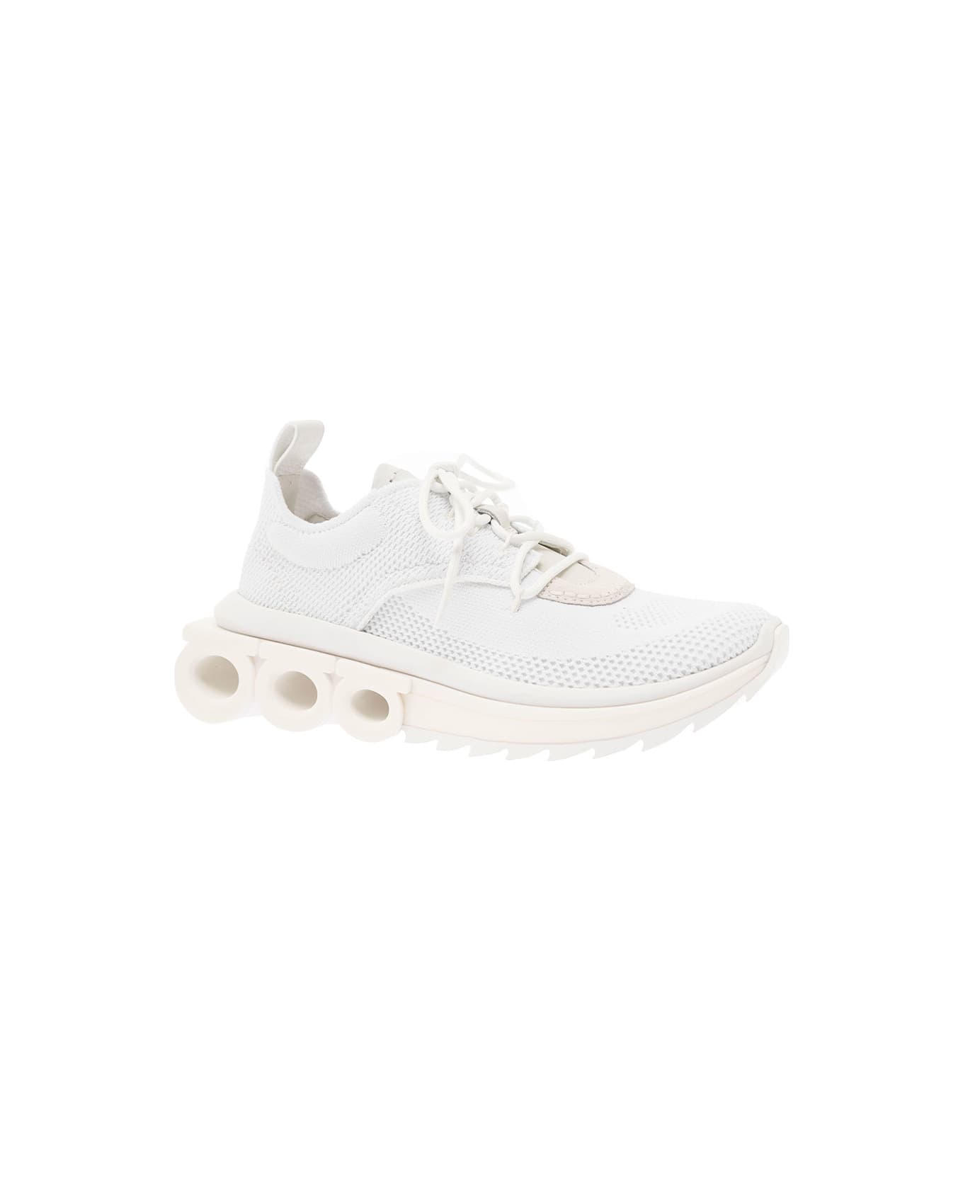 Ferragamo 'nima' White Low Top Sneakers With Gancini Detail In Mixed Materials Woman - White スニーカー