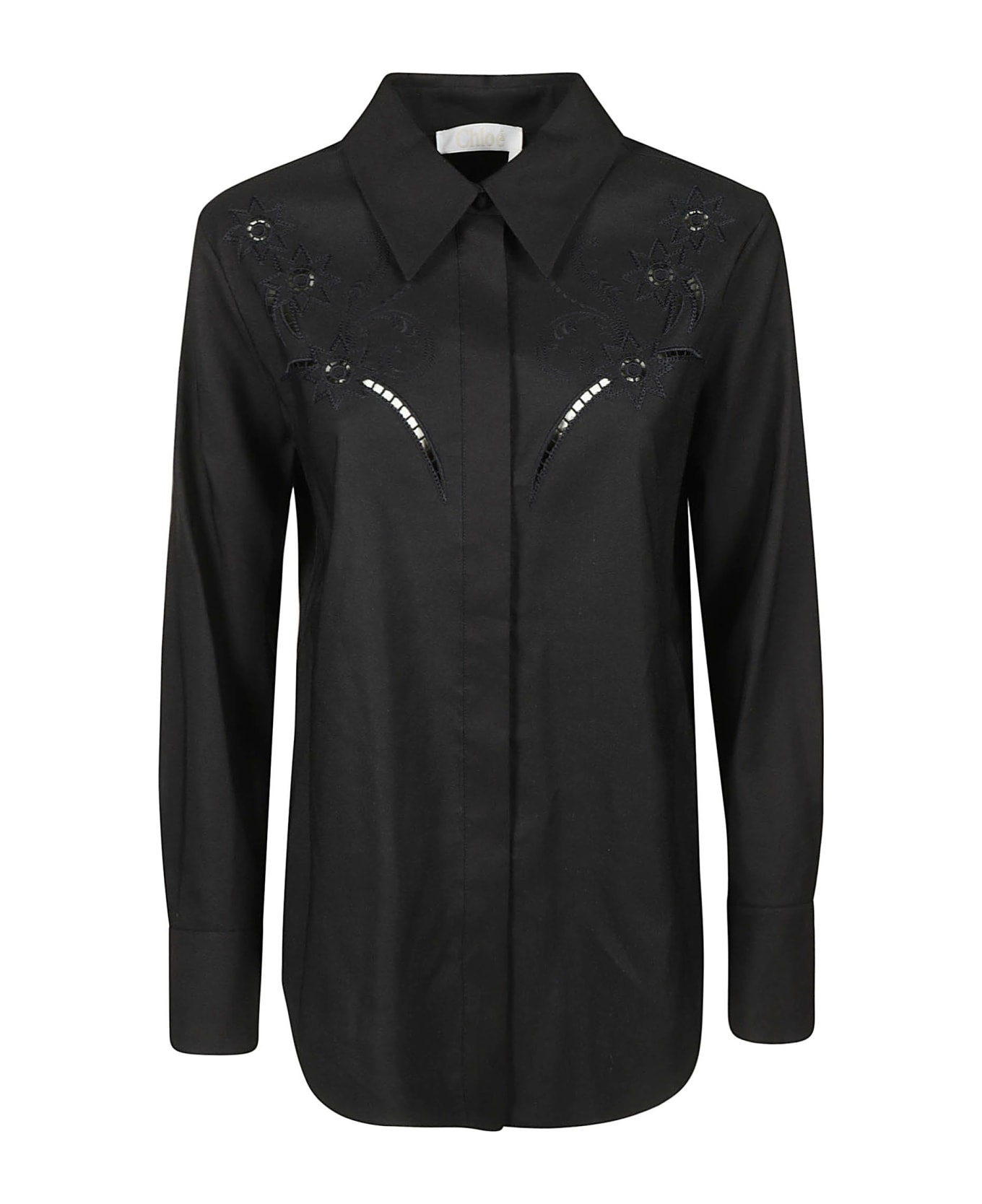 Chloé Pattern Perforated Round Hem Shirt - Black
