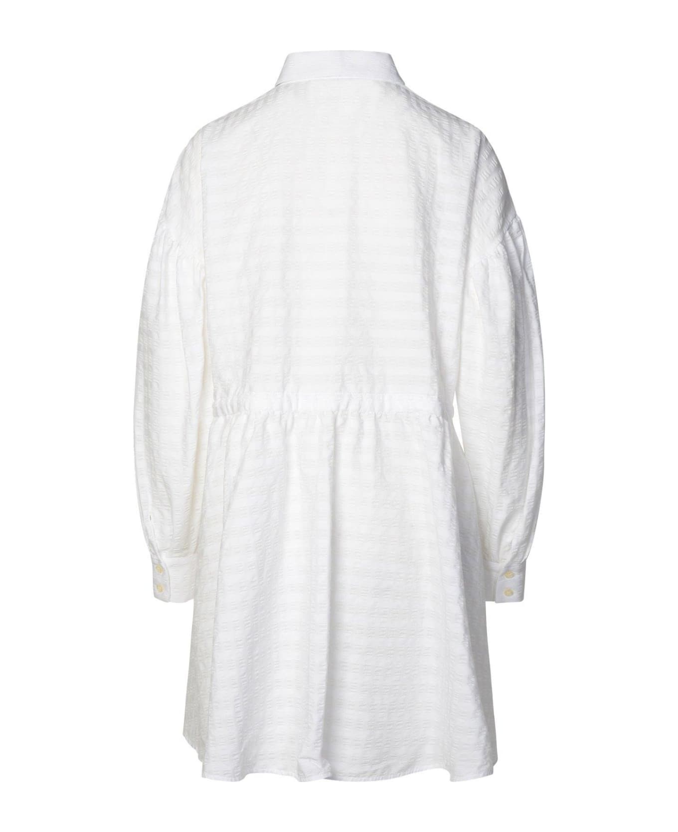 MSGM Short Dress With Adjustable Waist In White Cotton Seersucker - White
