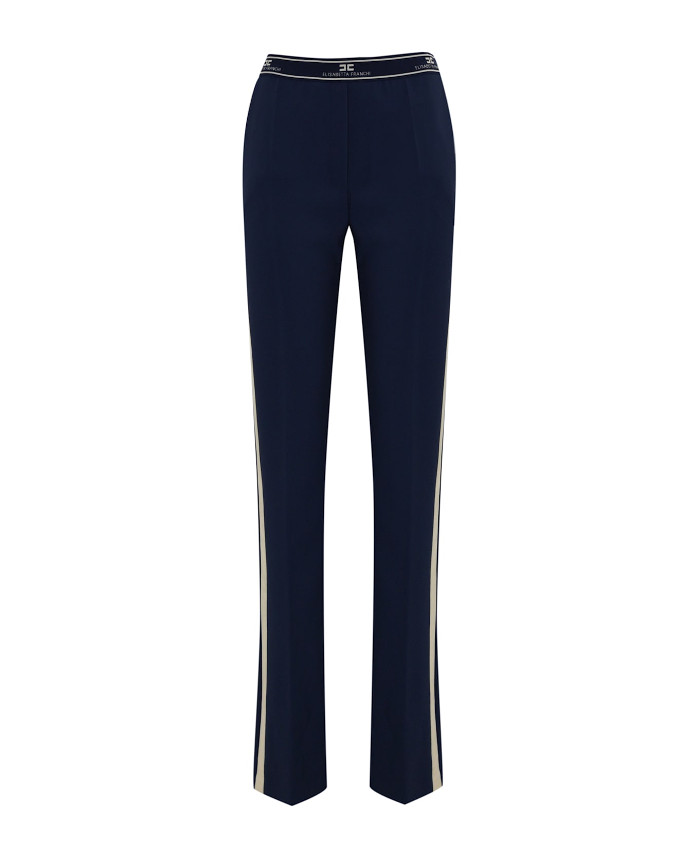 Elisabetta Franchi Straight Crepe Trousers With Logo Band - Navy