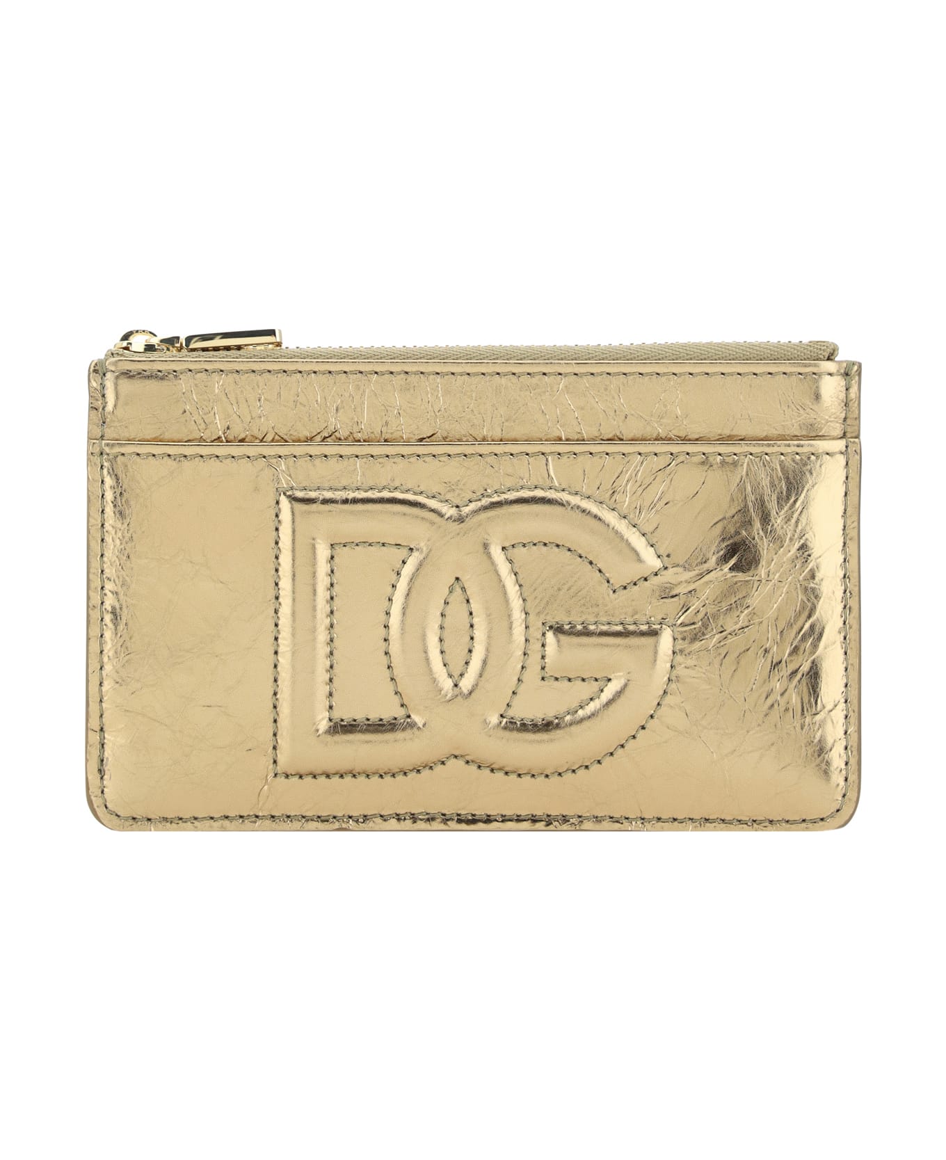 Dolce & Gabbana Logo Embossed Top Zip Card Holder - Oro