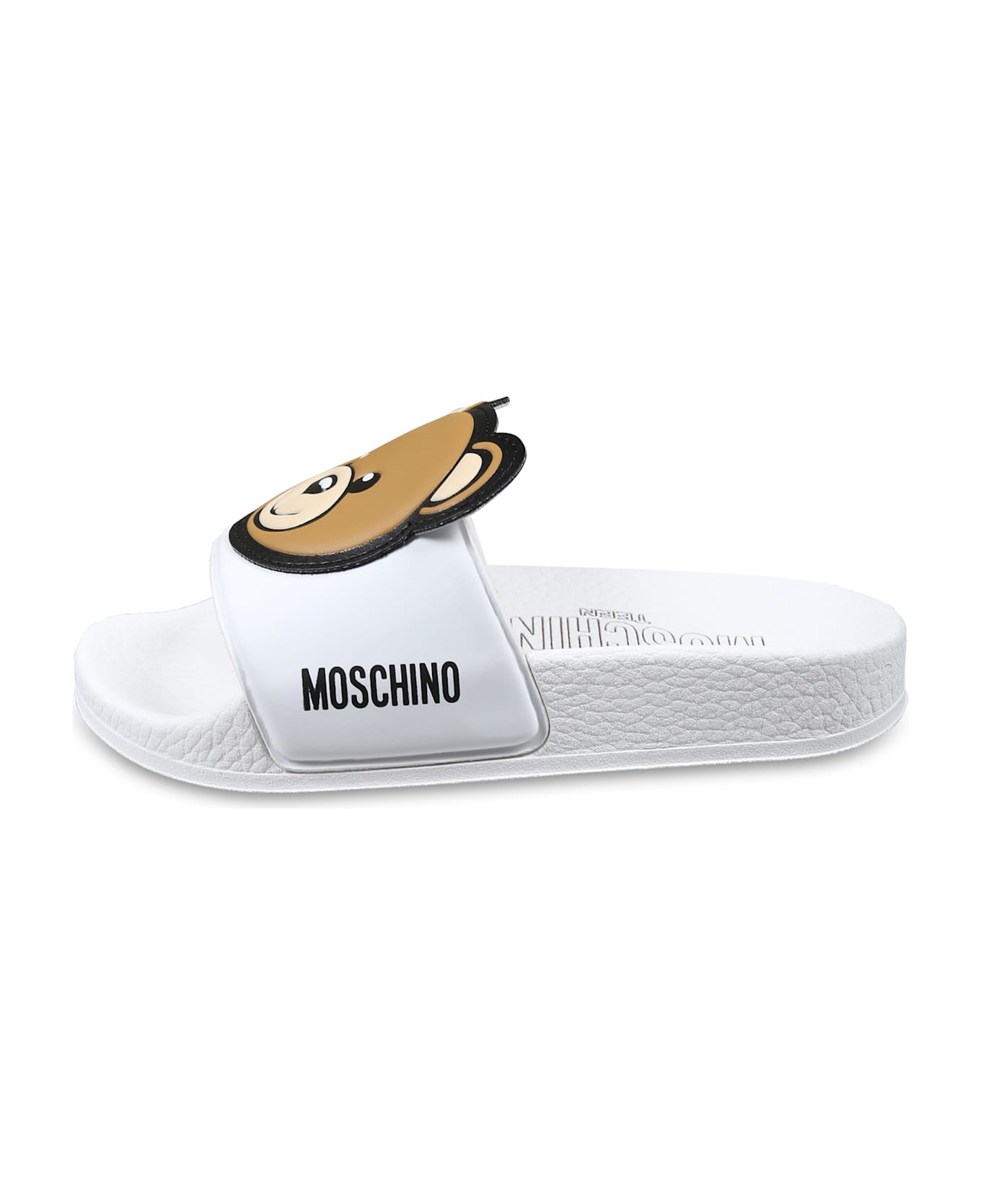 Moschino White Slippers For Kids With Teddy Bear - White