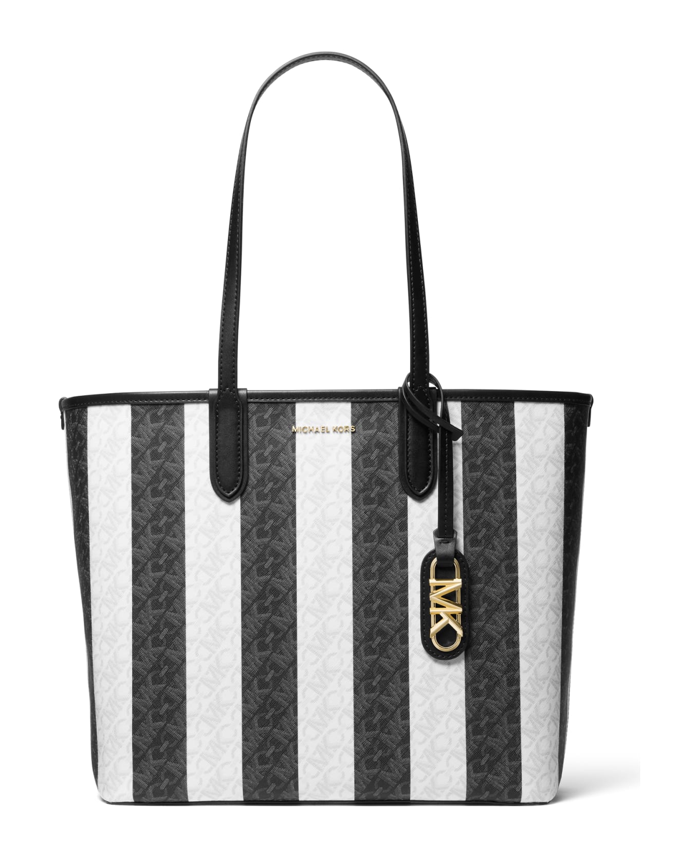 Michael Kors Striped Shopping Bag With Logo - BLK OPTIC WHITE