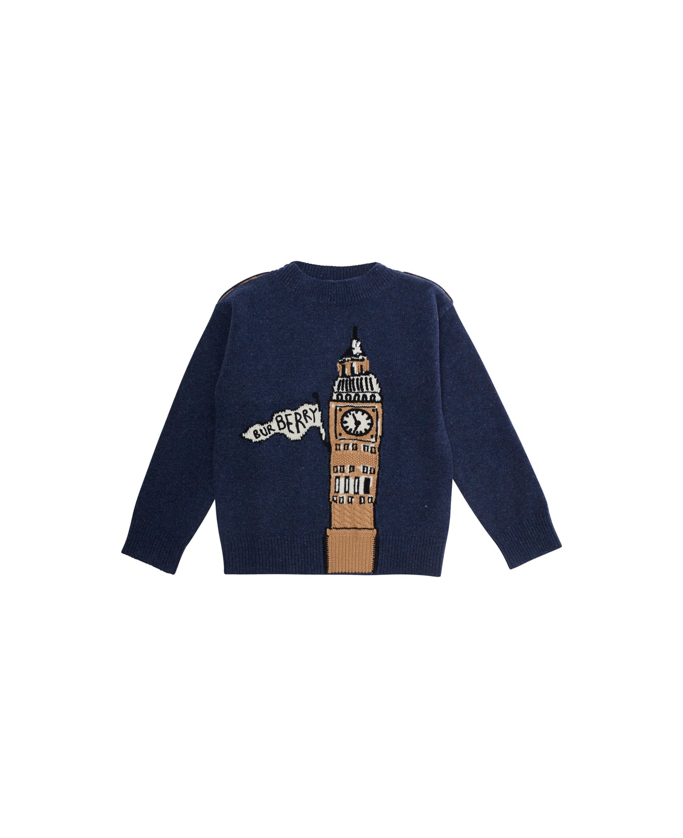 Burberry Blue Crew Neck Sweater With Big Ben Print In Wool Boy - Blu