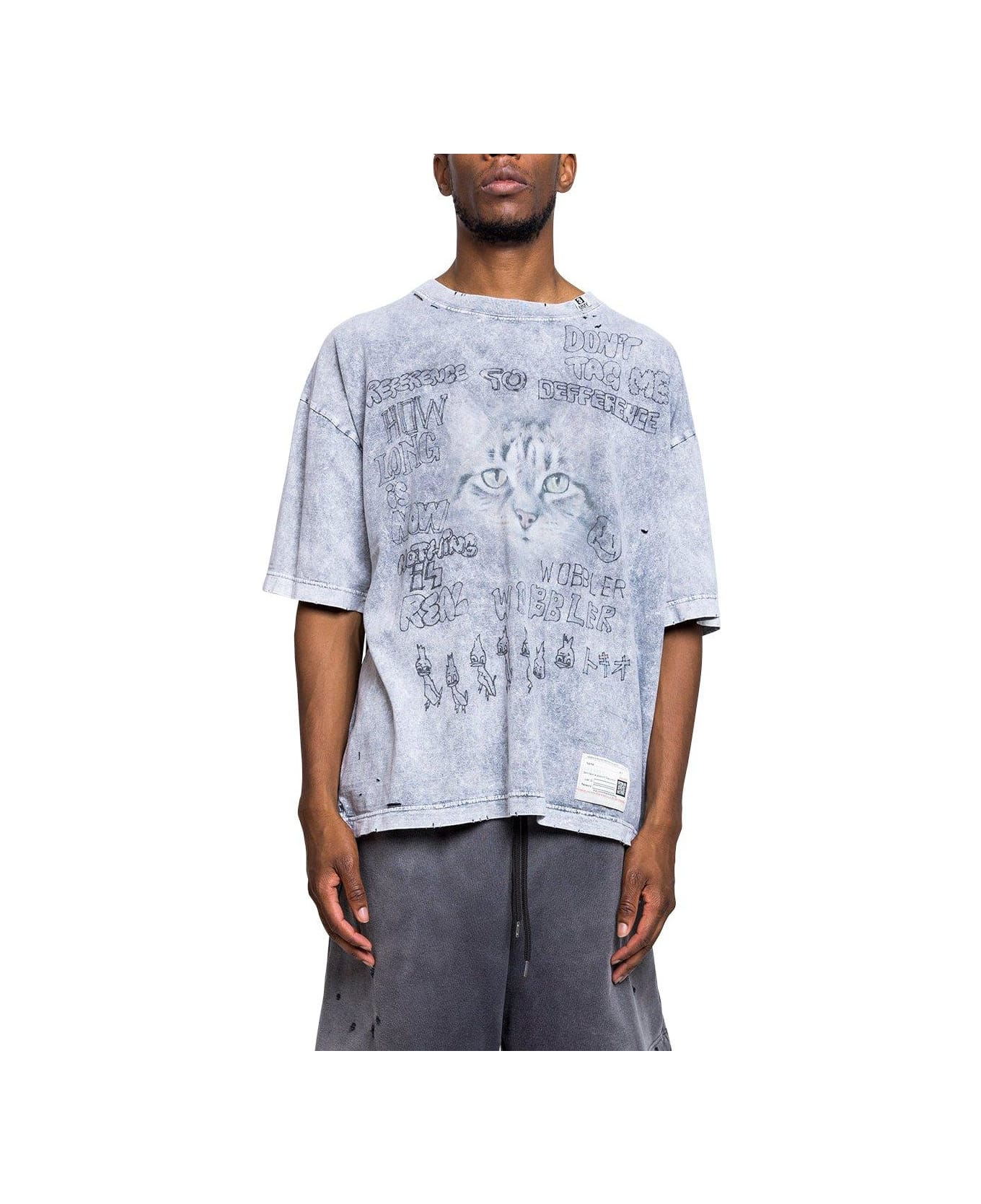 Mihara Yasuhiro Cat Printed Distressed T-shirt - GREY