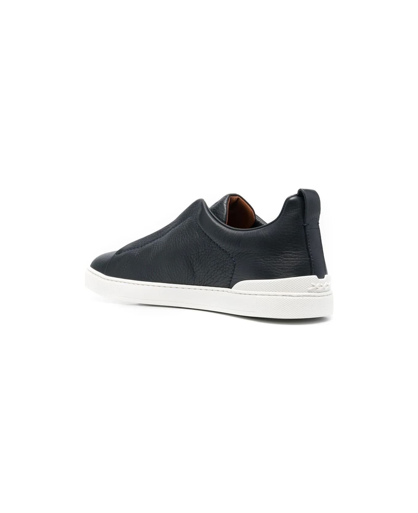 Zegna Triple Stitch Sneakers In Navy Blue Leather - Blue