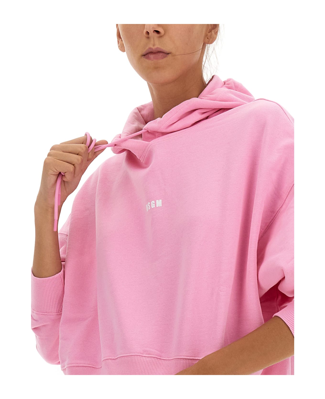 MSGM Logo Printed Cropped Hoodie - Pink フリース