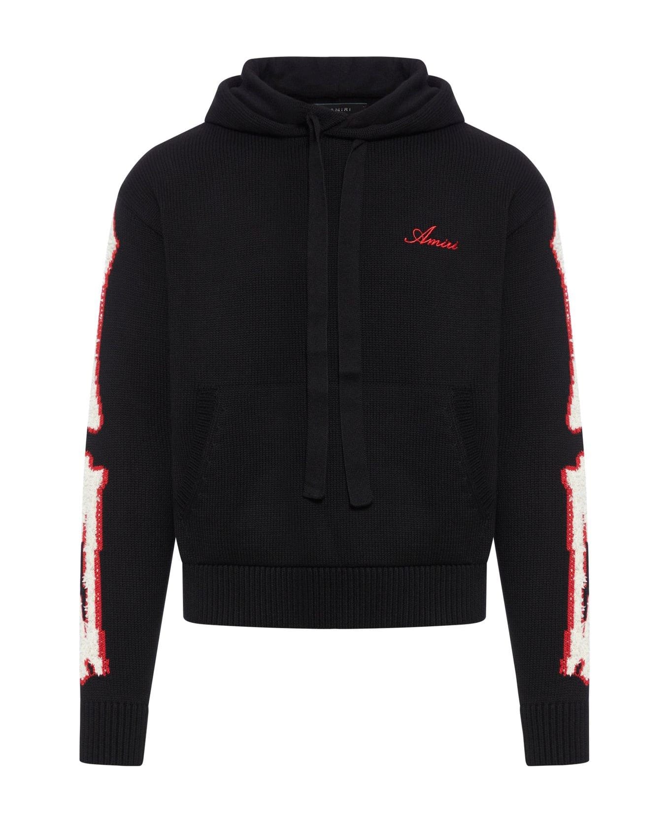 AMIRI Logo Embroidered Drawstring Knitted Hoodie - Black