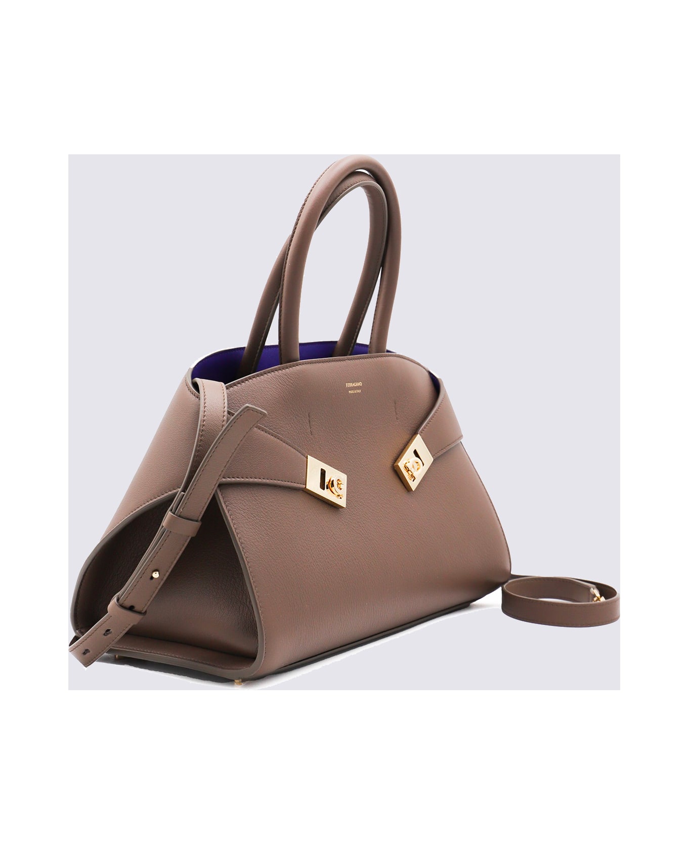 Ferragamo Brown Leather Hug Top Handle Bag - CLAY/LAPIS