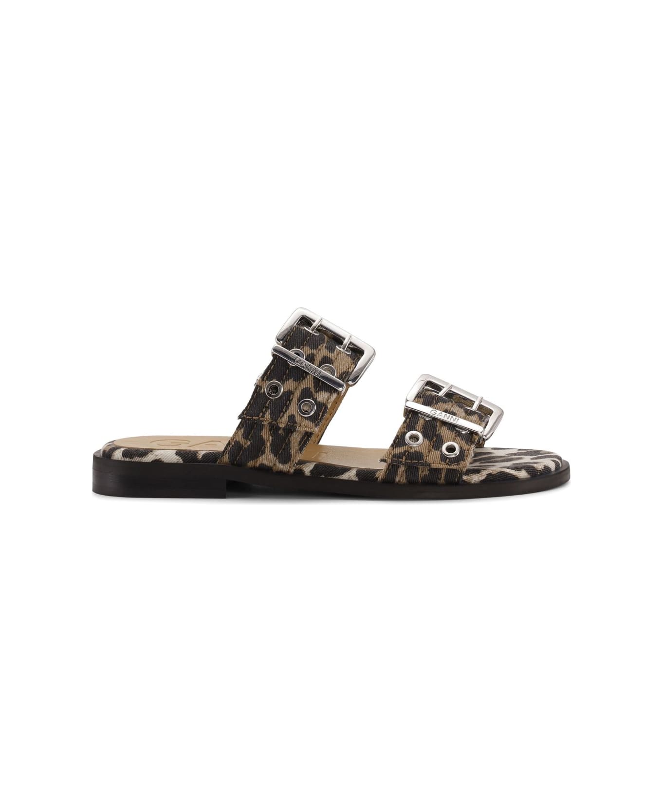 Ganni Feminine Buckle Leopard Print Sandals - Brown