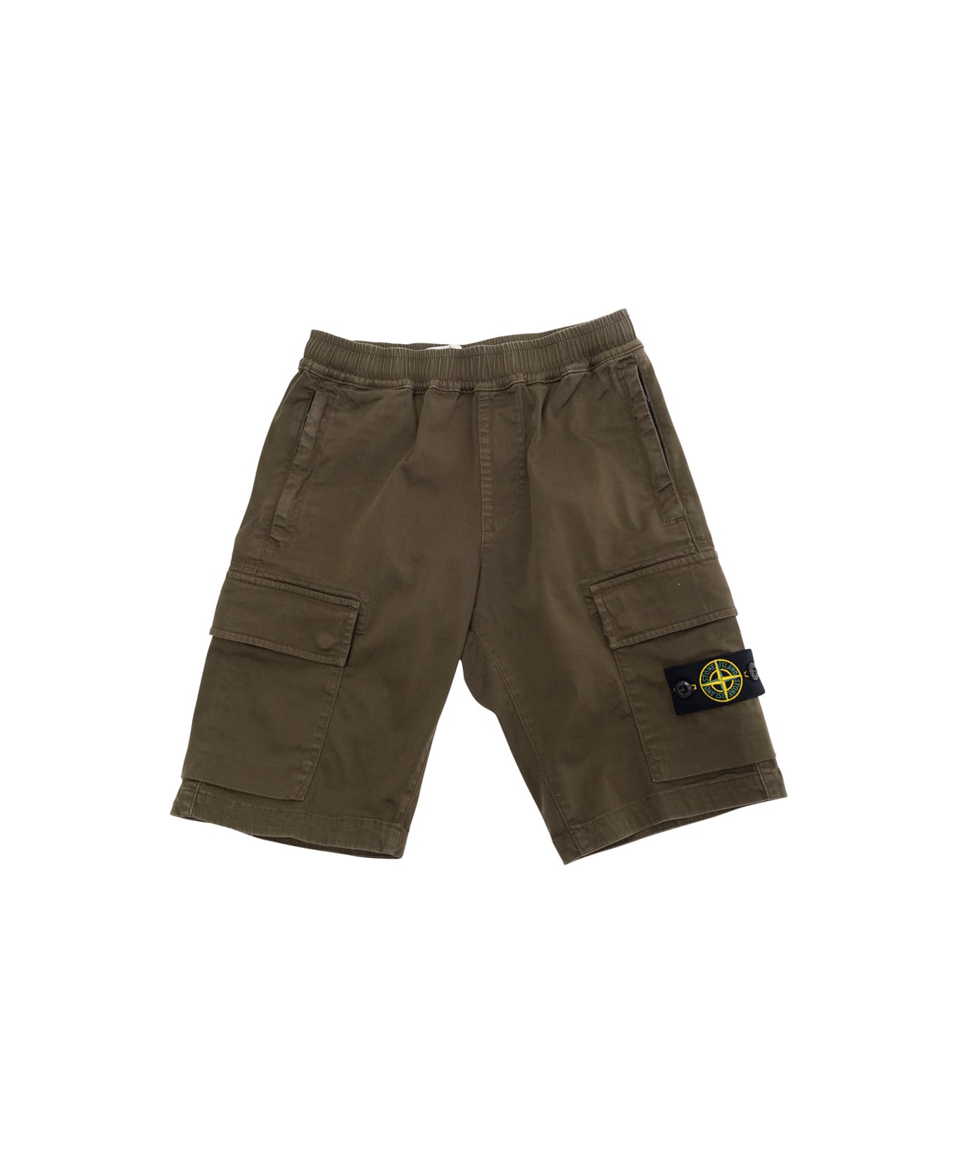 Stone Island Junior Green Bermuda Pants With Elastic Waist And Logo Patch On The Front In Cotton Stretch Boy - Green ボトムス
