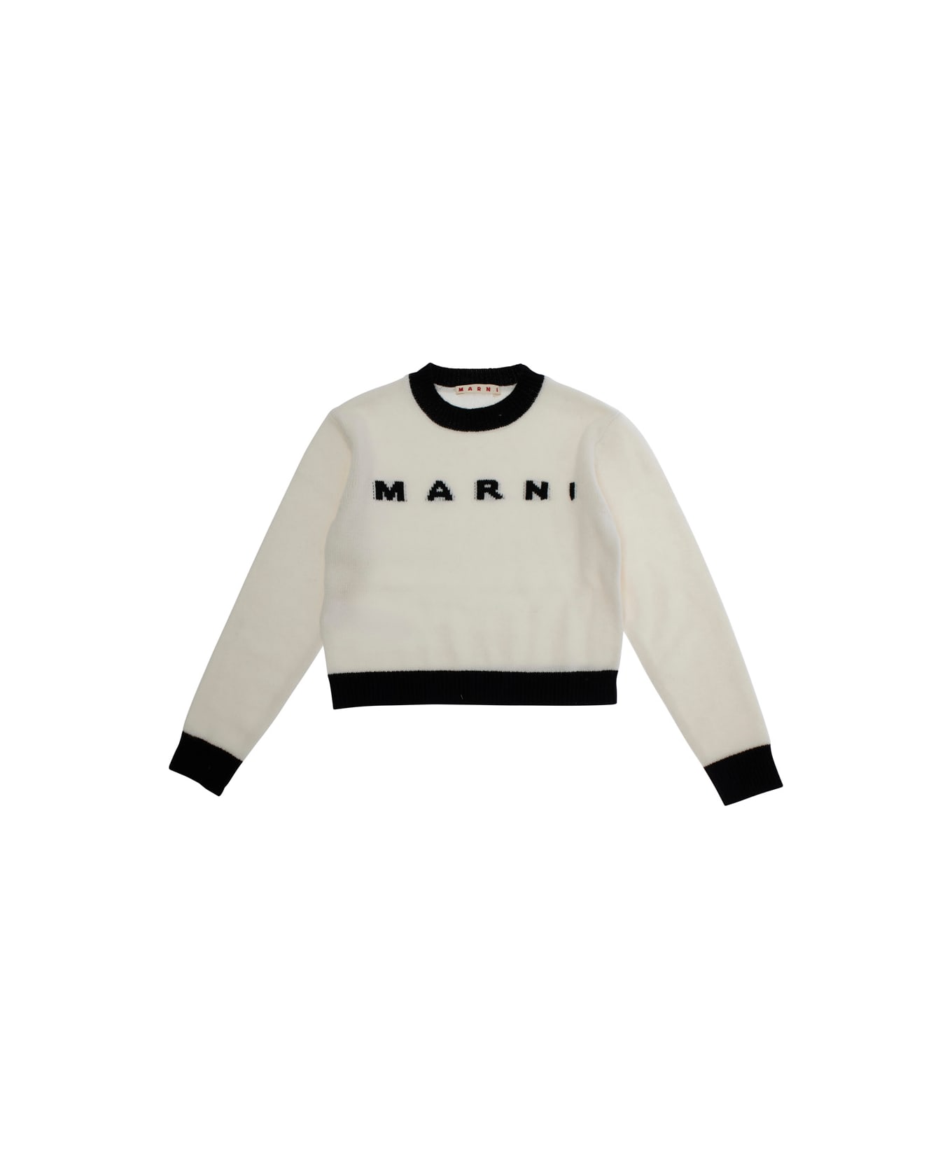 Marni White Crewneck Sweater With Logo Lettering On The Front And Contrasting Trims In Wool And Cashmere Woman - White