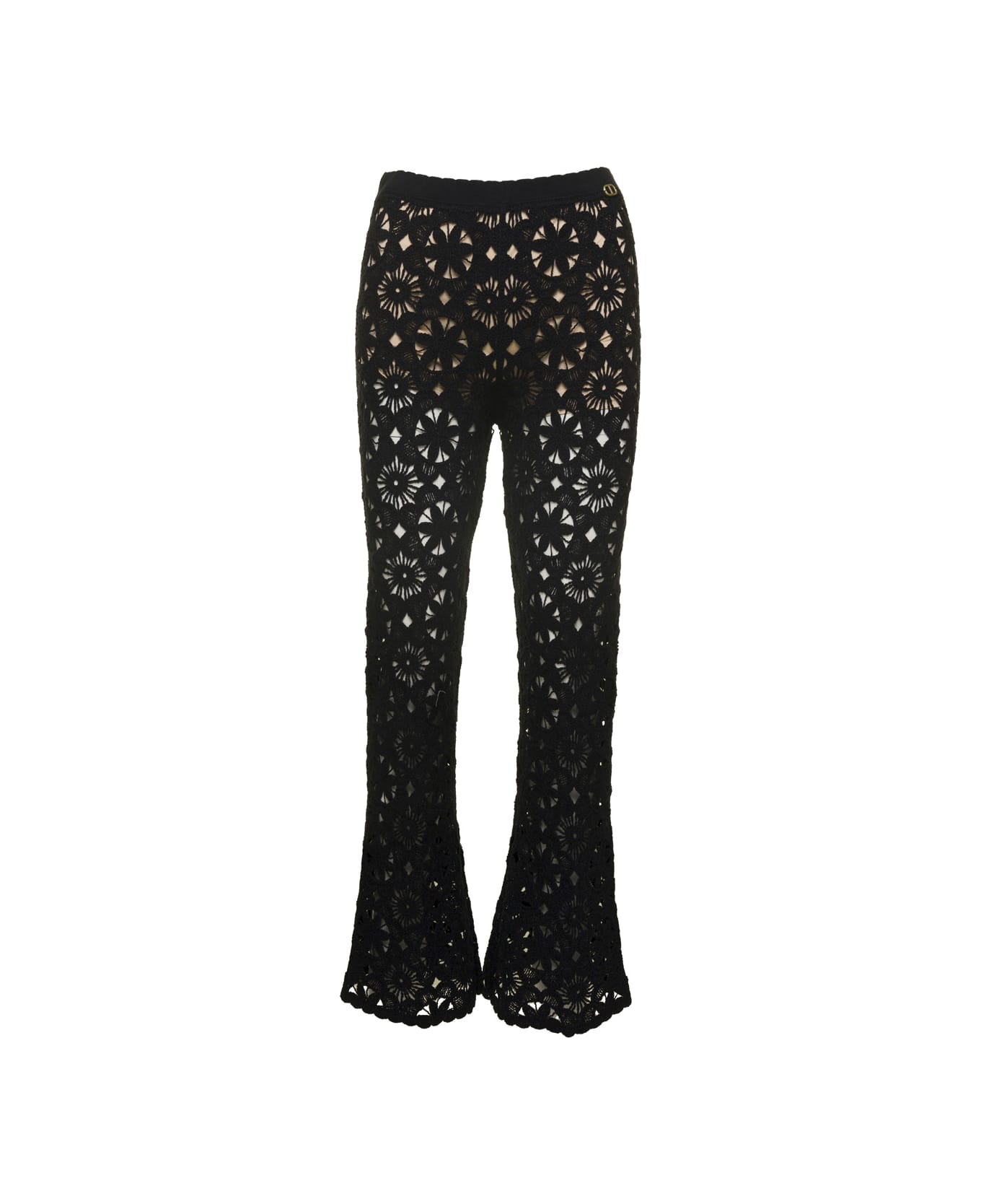 TwinSet Black Flared Pants With Crochet Work In Cotton Woman - Black