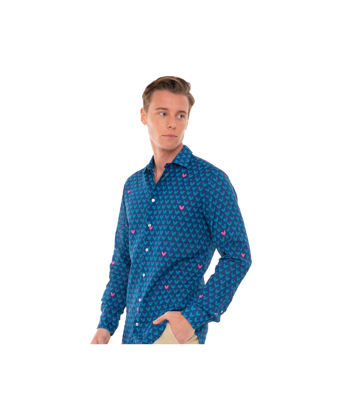 MC2 Saint Barth Man Muslin Cotton Sikelia Shirt With Rooster Print - BLUE