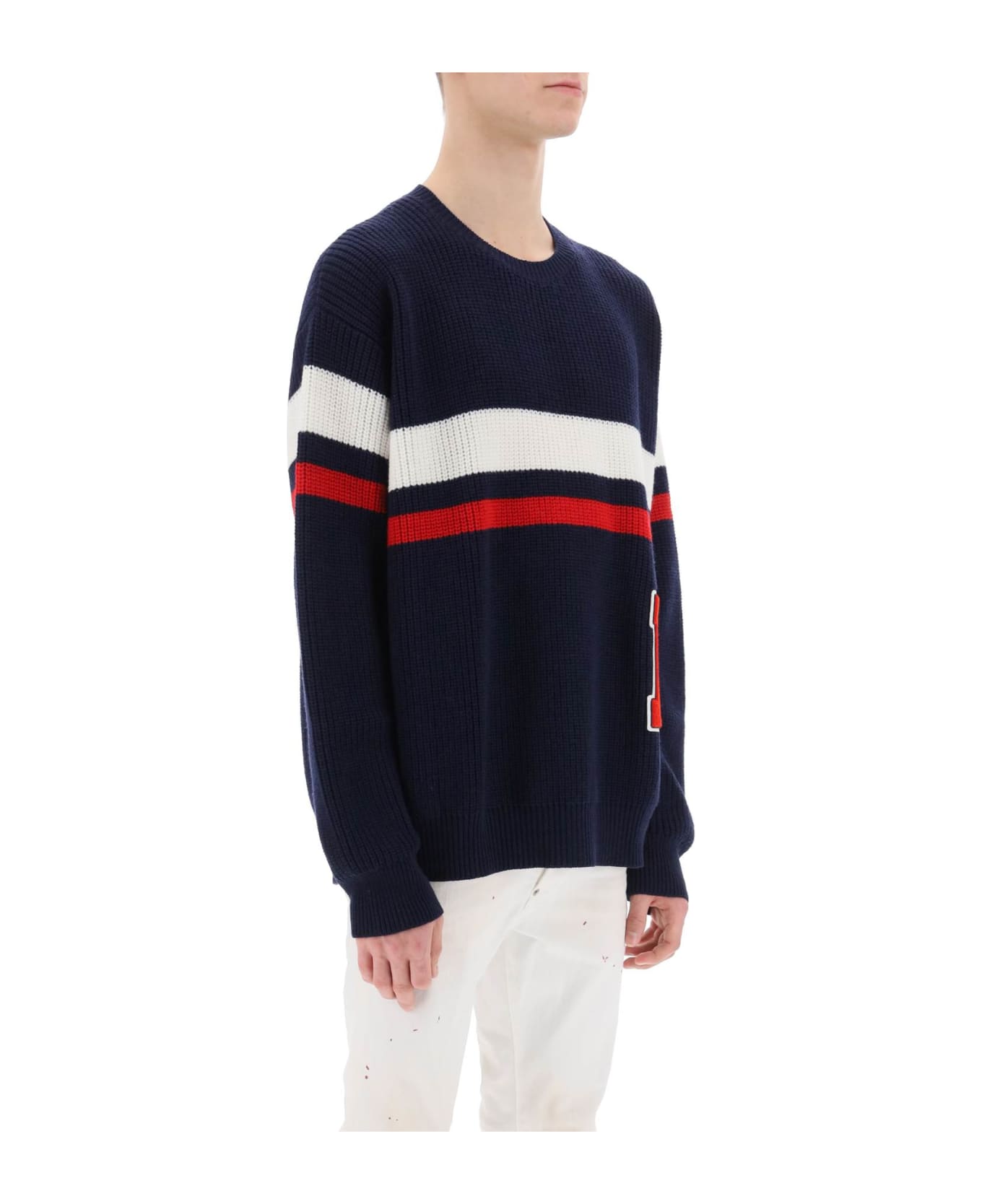 Dsquared2 Wool Sweater With Varsity Patch - BLUE WHITE RED (Blue)