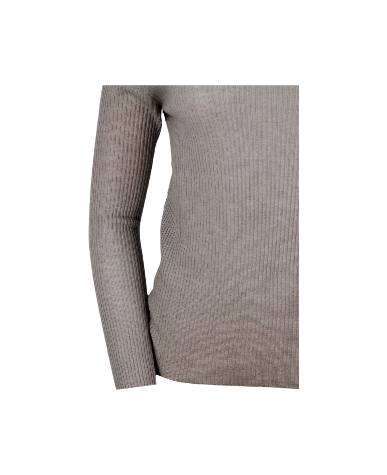 Fabiana Filippi Lightweight Turtleneck Long-sleeved Sweater In Soft And Fine Wool, Silk And Cashmere With Small Rib Knit - Nut