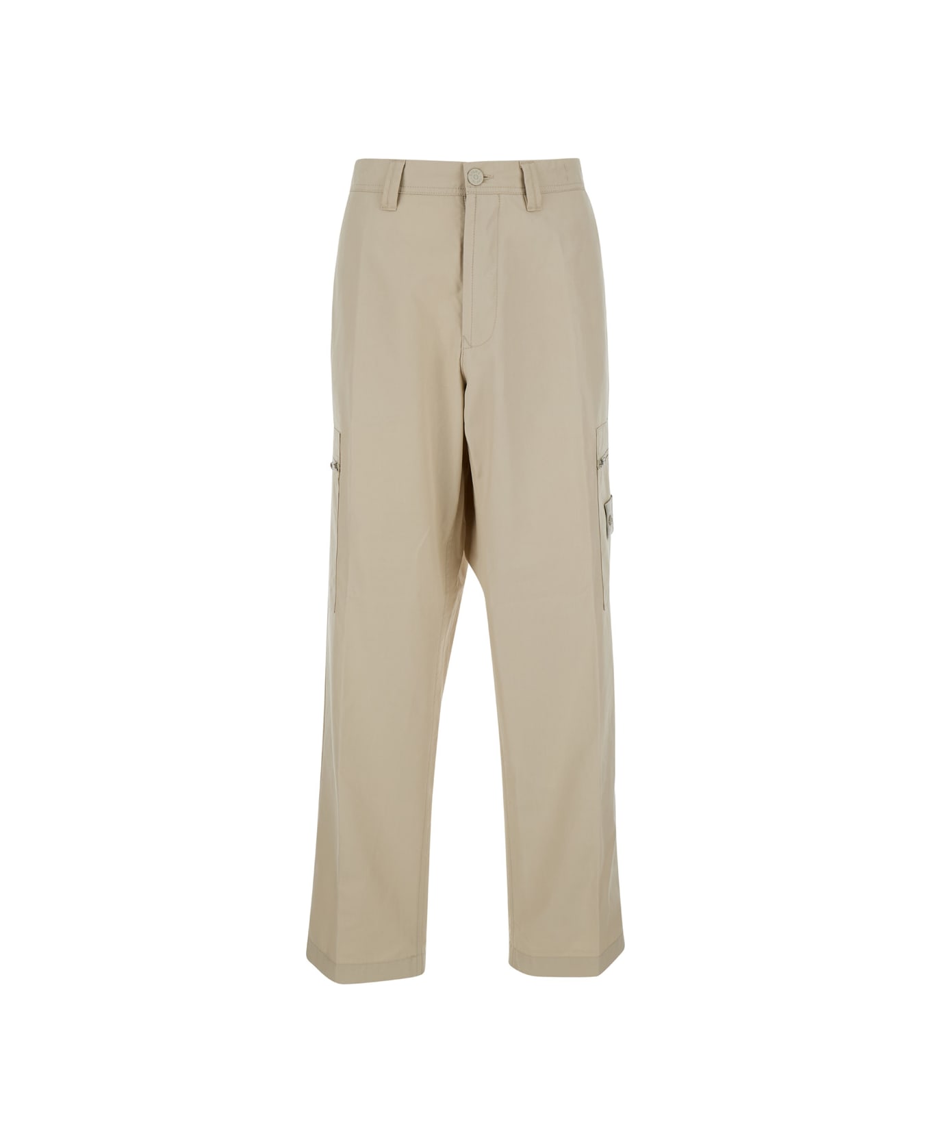 Stone Island Beige Wide Leg Trousers With Compass Logo In Cotton Man - Beige ボトムス