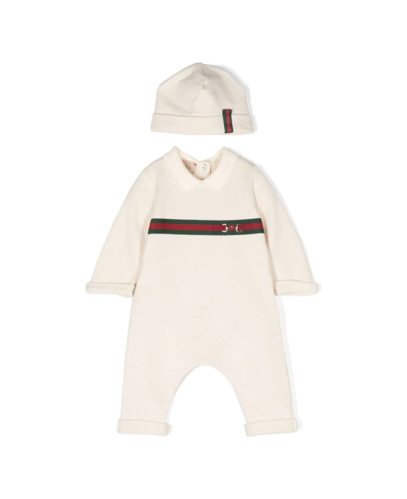 Gucci White Romper And Beanie Set With Web Detail In Cotton Baby - White