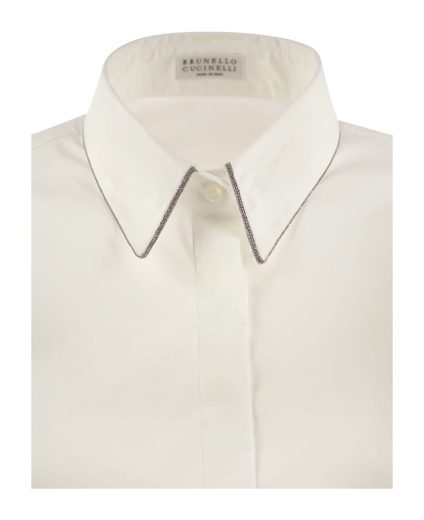 Brunello Cucinelli Stretch Cotton Poplin Shirt With Shiny Trim - White