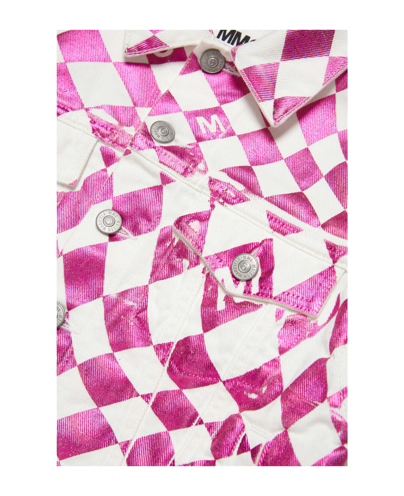 MM6 Maison Margiela Mm6j44u Jacket Maison Margiela White And Pink Denim Jacket With Metallised Chequered Print - White/super pink