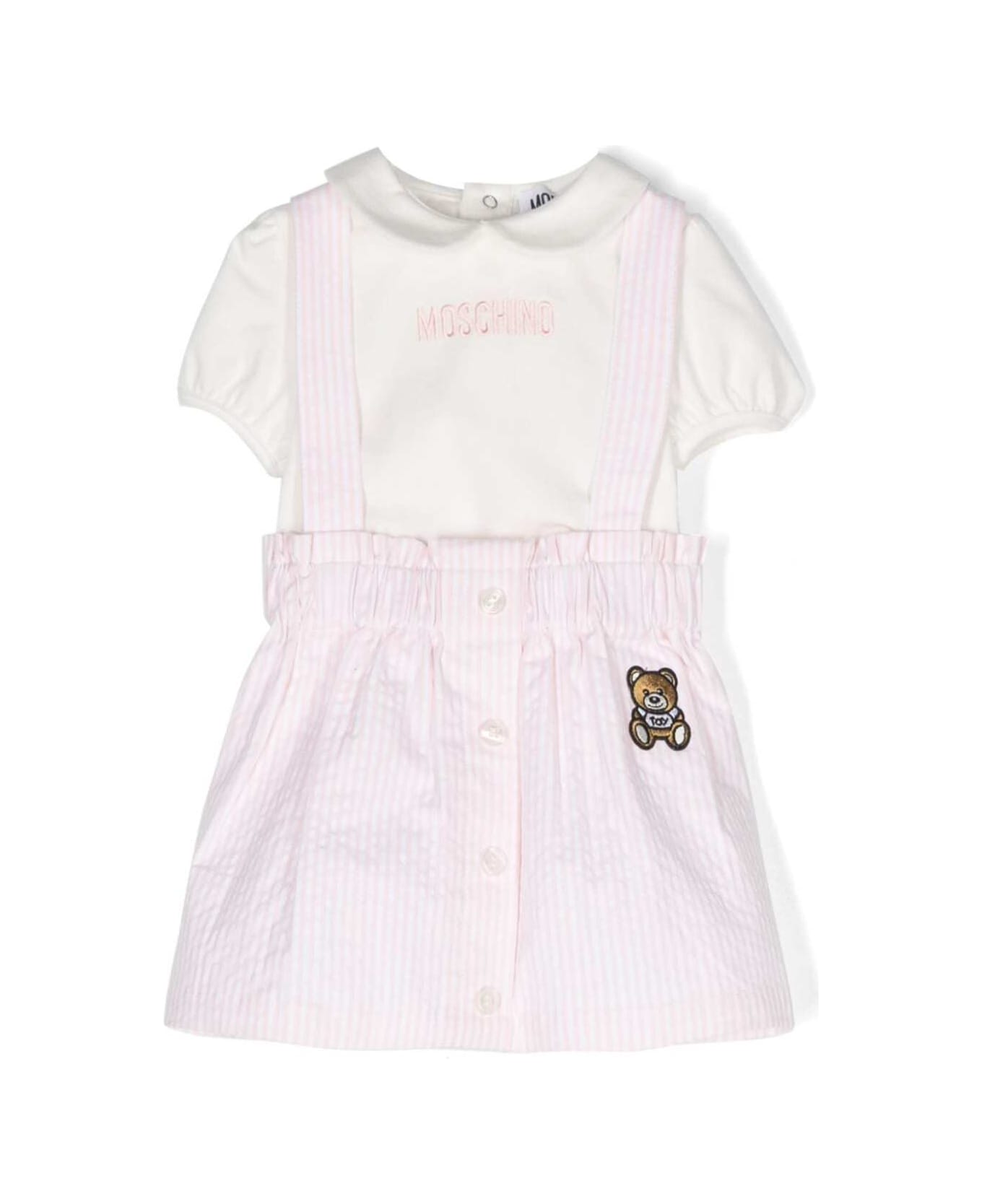 Moschino Pink Striped Overalls With Teddy Bear In Stretch Cotton Baby - White ボディスーツ＆セットアップ