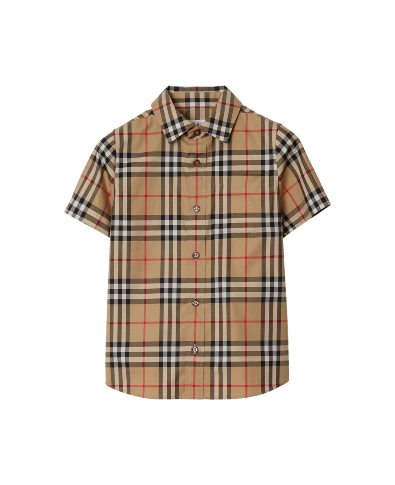 Burberry Beige Shirt With All-over Check Motif In Stretch Cotton Boy - Beige