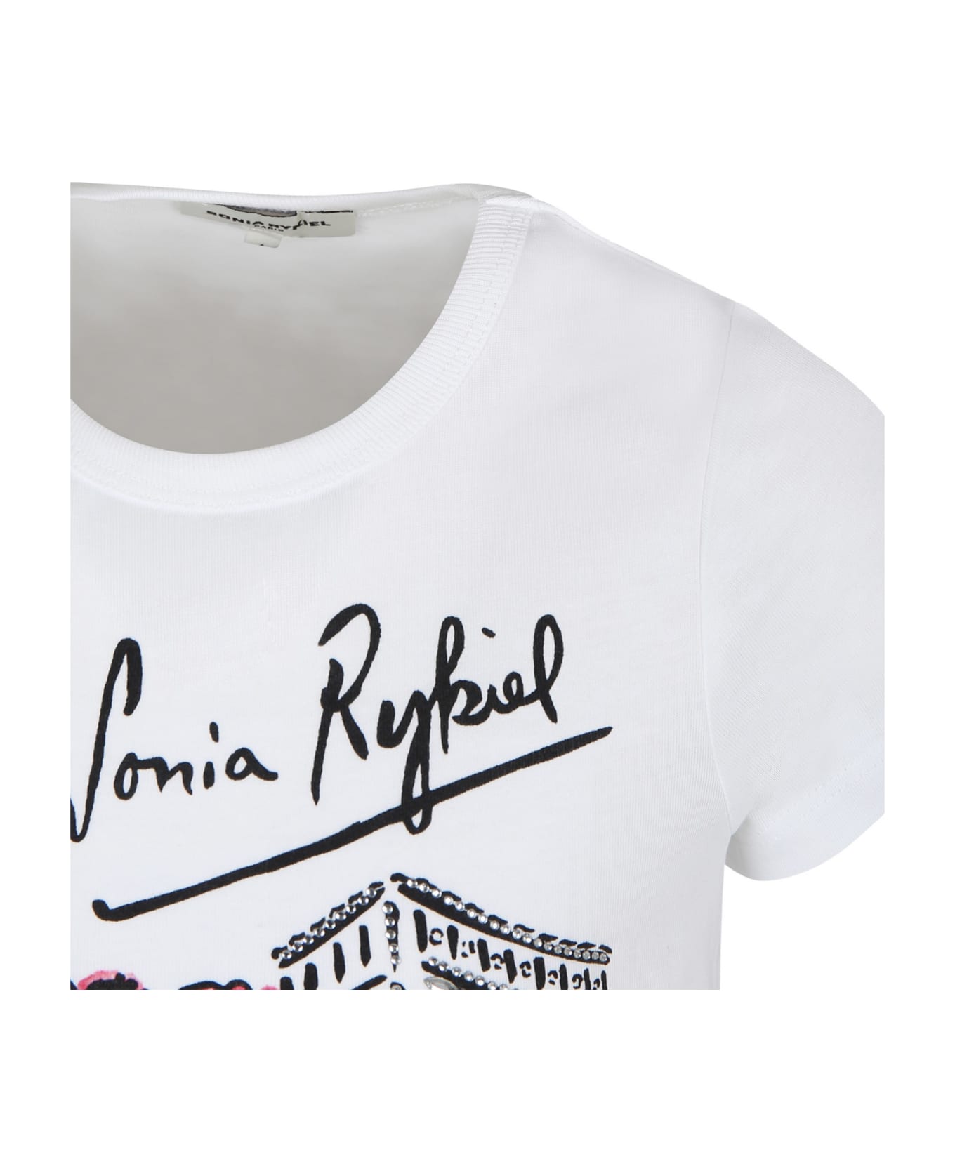 Rykiel Enfant White T-shirt For Girl With Tour Eiffel Print And Rhinestones - Ivory
