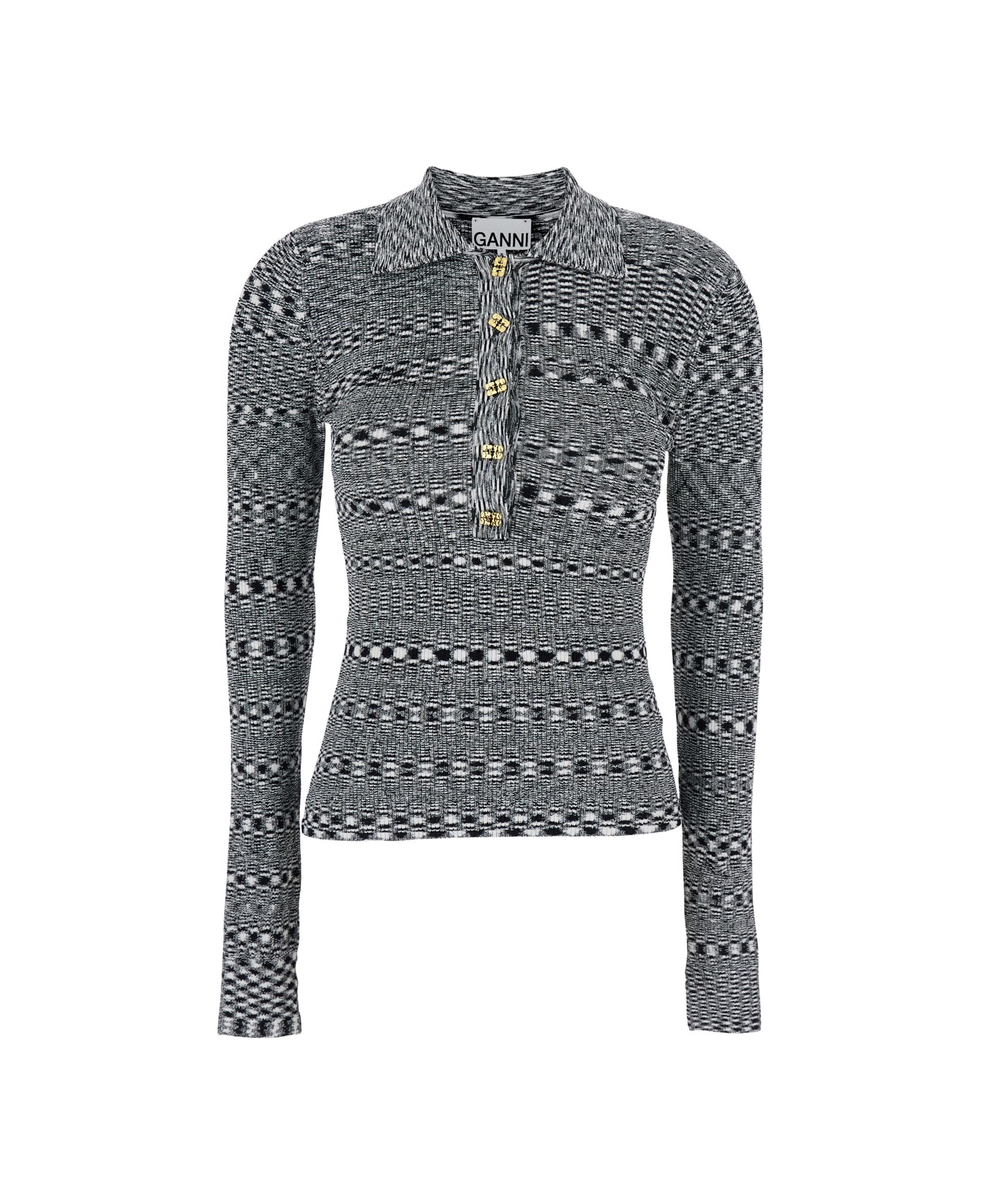 Ganni Black And White Polo Shirt With All-over Space-dye Effect And Button Closure In Fabric Woman - White/black