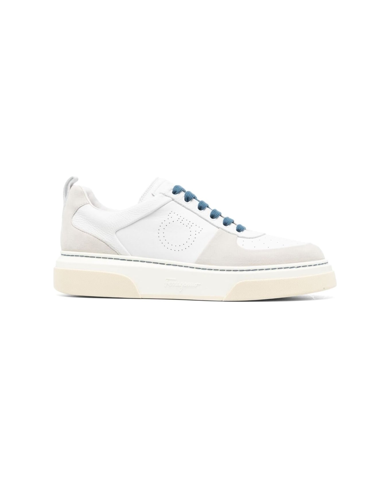 Ferragamo 'cassina' Beige Low Top Sneakers With Gancini And Suede Details In Leather Man - White