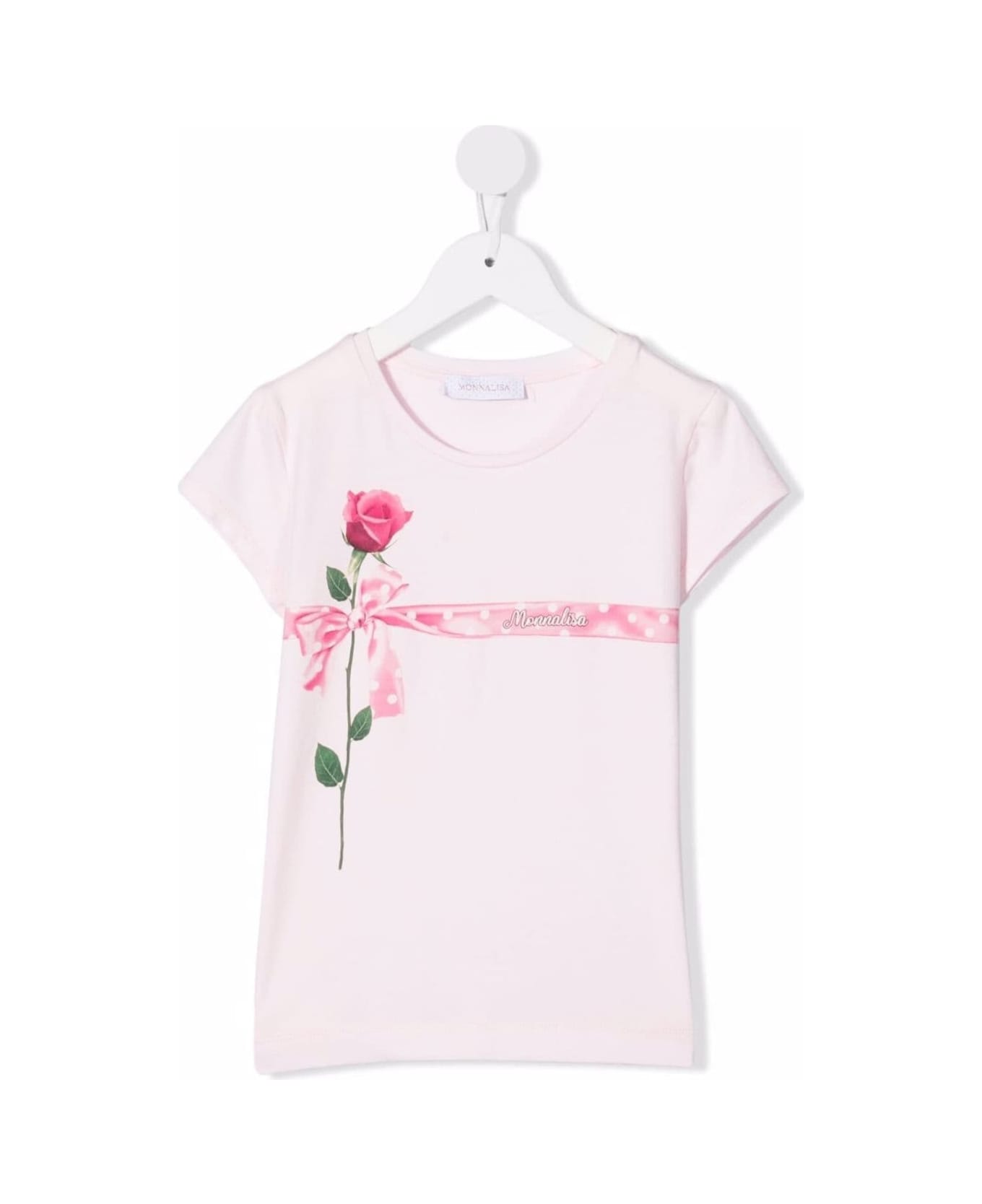 Monnalisa Pink Cotton T-shirt With Rose Print - Pink