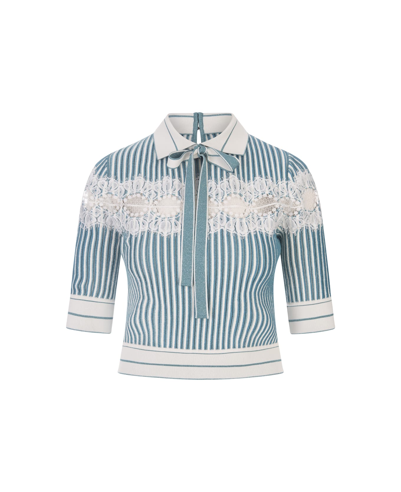 Elie Saab Polo Shirt In White And Blue Gin Knit And Lace - Blue ポロシャツ