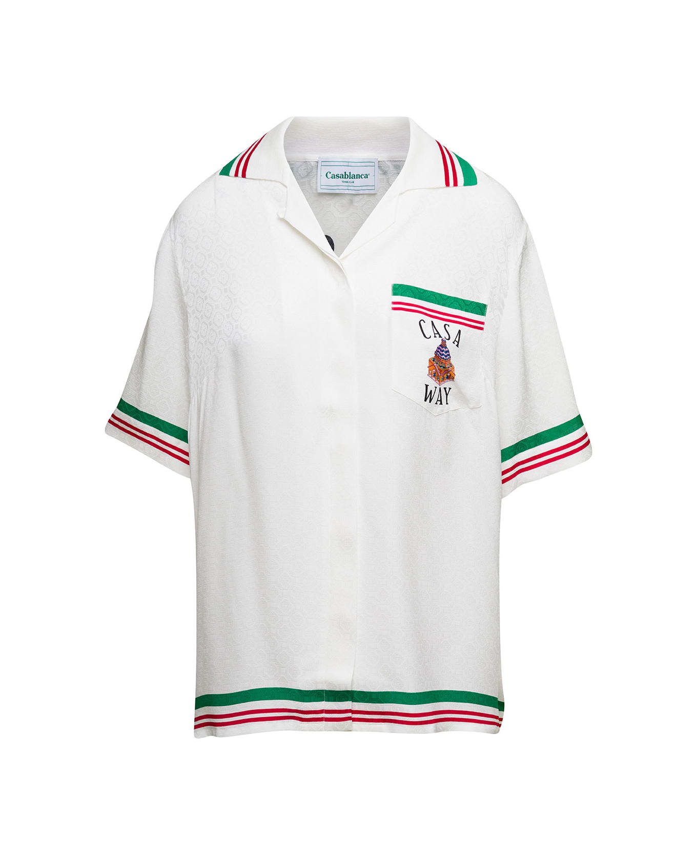 Casablanca White Bowling Shirt With Logo Print And Striped Trim In Silk Woman - White