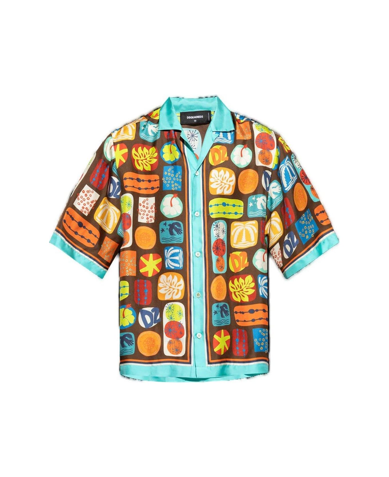 Dsquared2 Summer Lovers Drop Shoulder Bowling Shirt - BROWN/BLUE
