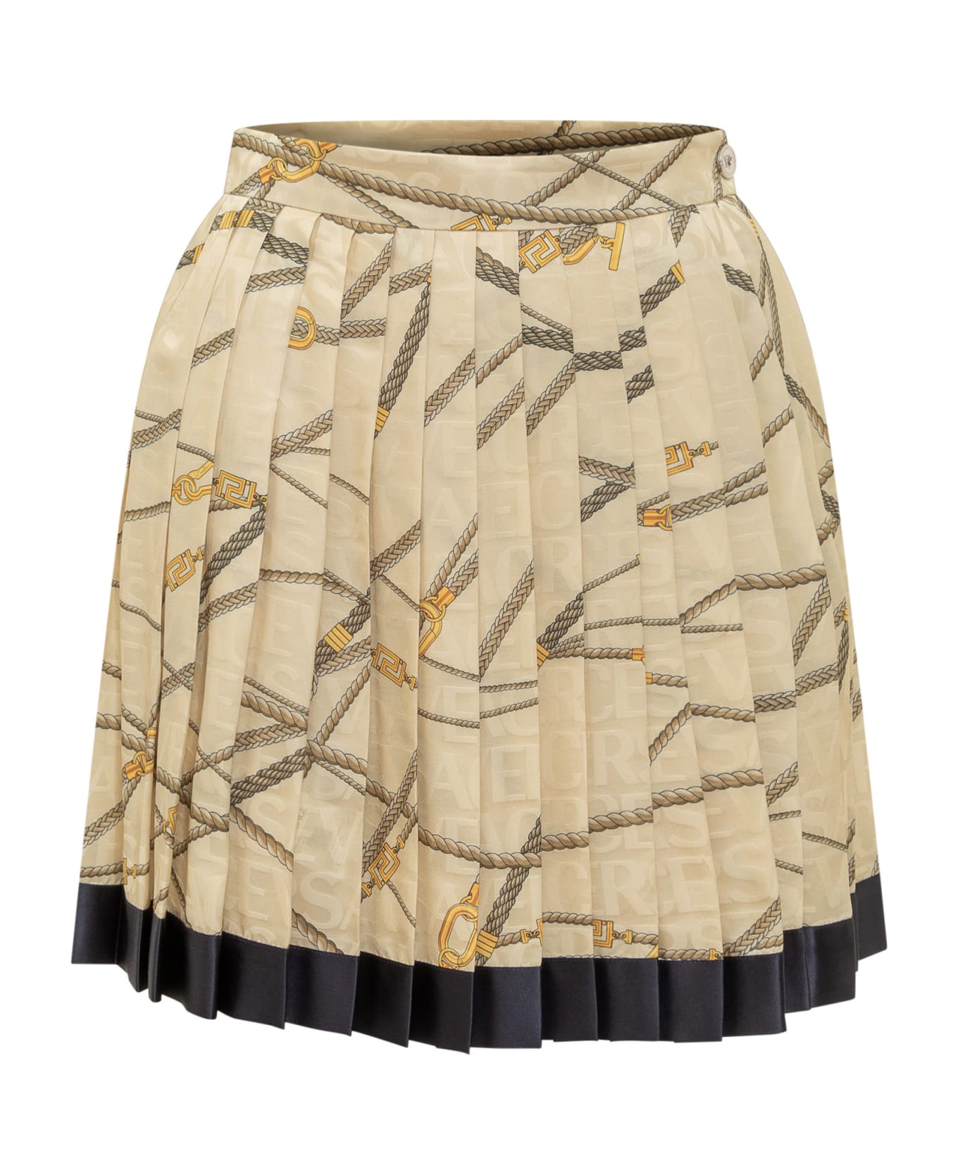 Versace Pale Yellow Pleated Mini Skirt With All-over Logo Print In Silk Blend Woman - Sand gold