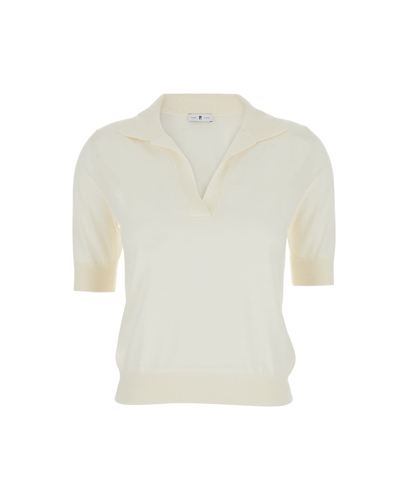 PT Torino White Polo With V-neck And Short Sleeves In Virgin Wool Woman - White