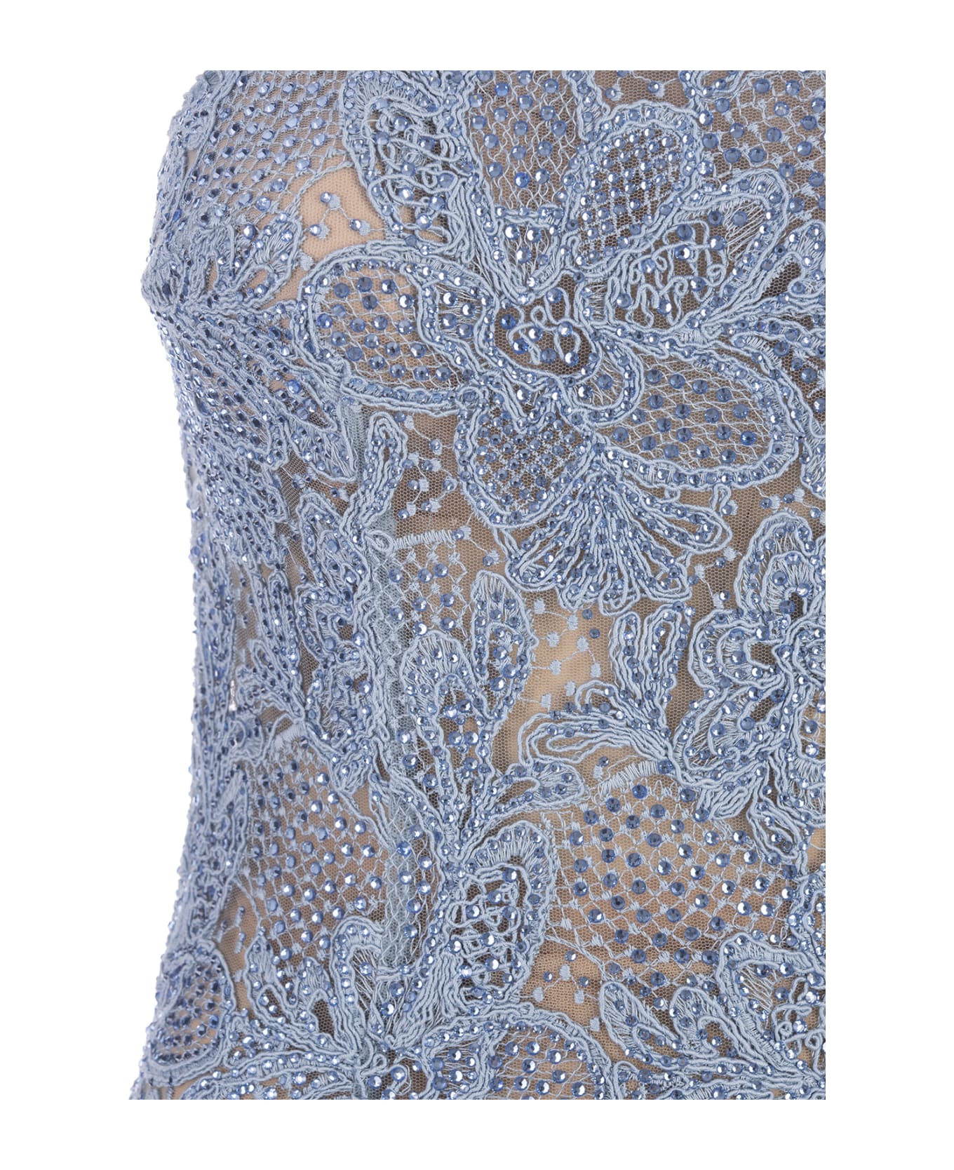 Ermanno Scervino Midi Dress In Light Blue Lace With Crystals - Blue