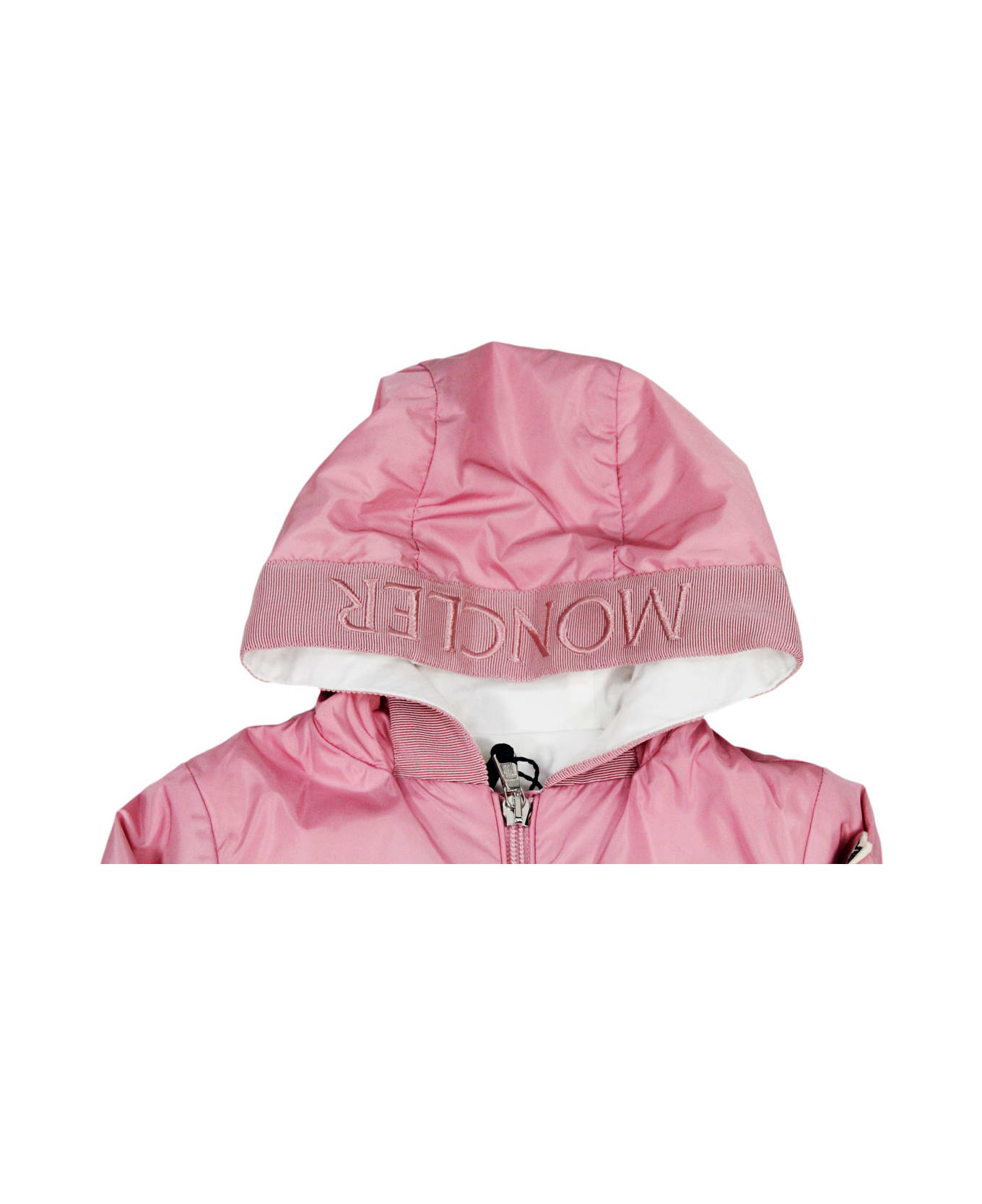 Moncler Light Nylon Messein Jacket With Hood And Zip Closure With Logo Printed On The Arm. - Pink