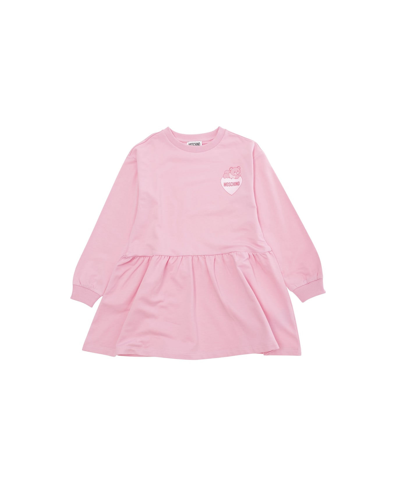 Moschino Pink Dress With Flared Skirt And Logo Print In Stretch Cotton Girl - Pink