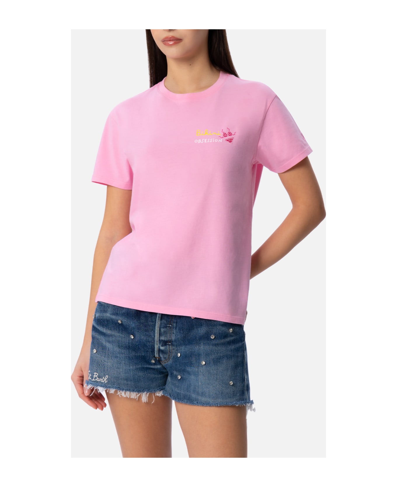 MC2 Saint Barth Woman Cotton Jersey Crewneck T-shirt Emilie With Bikini Obsession Embroidery - PINK