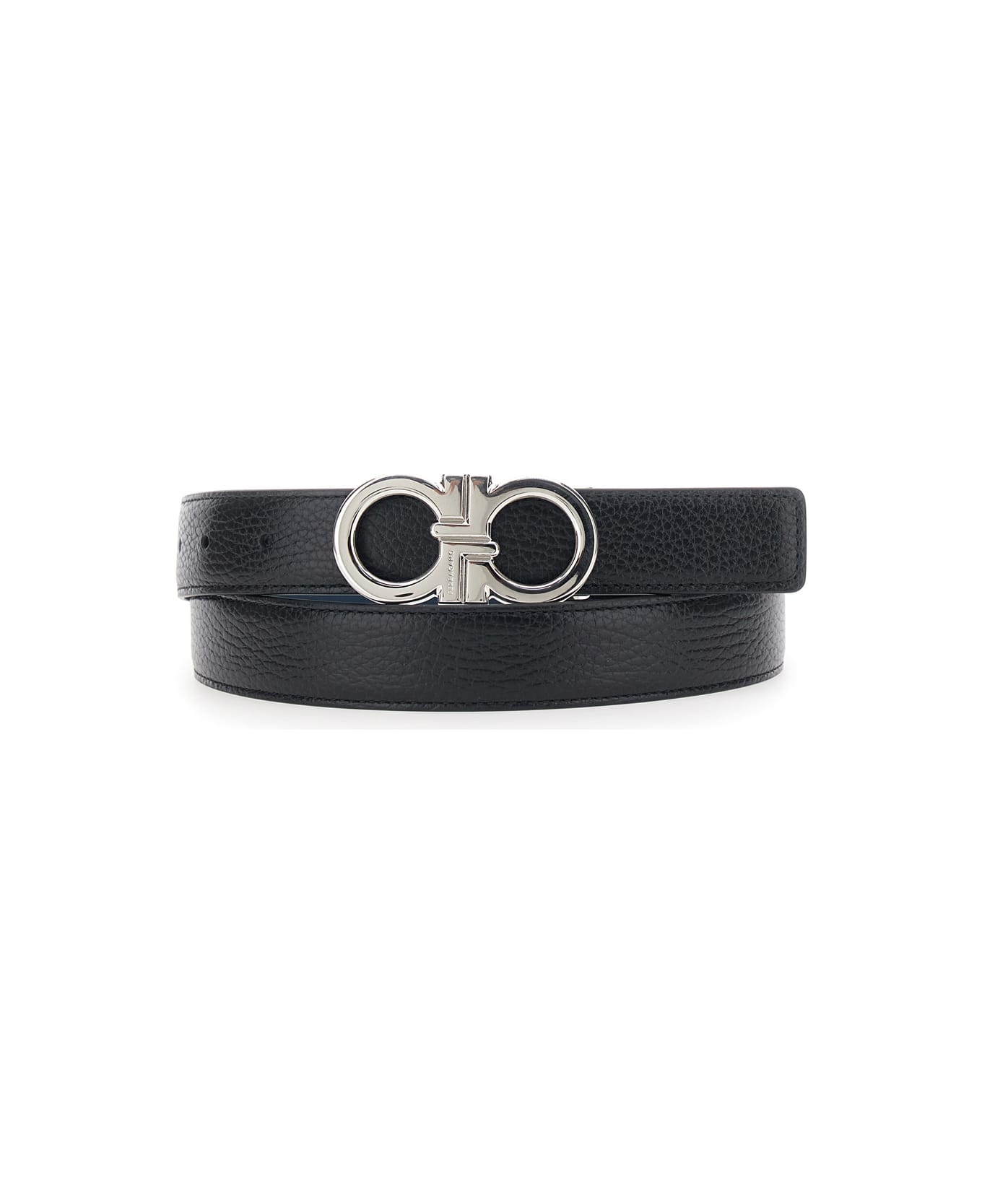 Ferragamo Black Reversible Belt With Gancini Buckle In Hammered Leather Man - Black