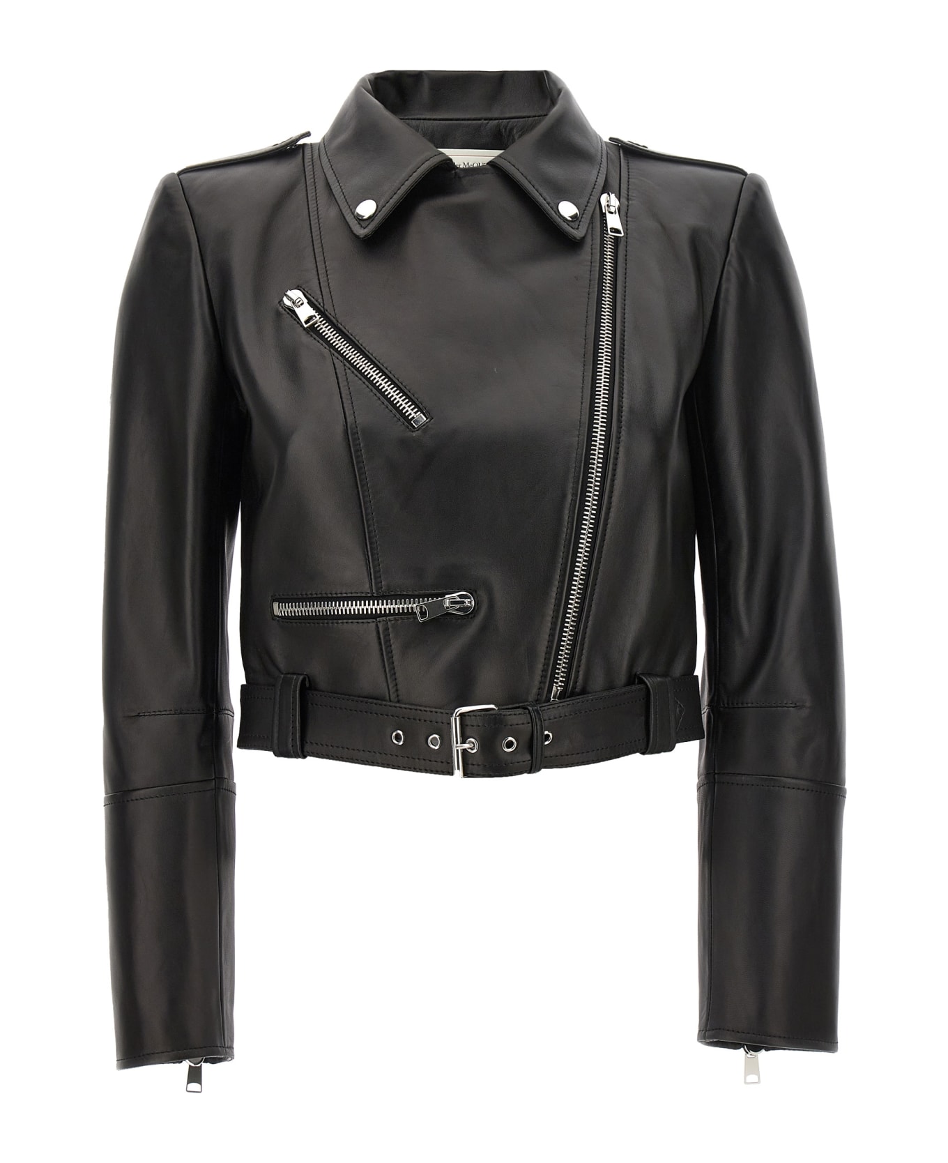 Alexander McQueen Cropped Biker Jacket With Matching Belt In Smooth Leather - Black レザージャケット