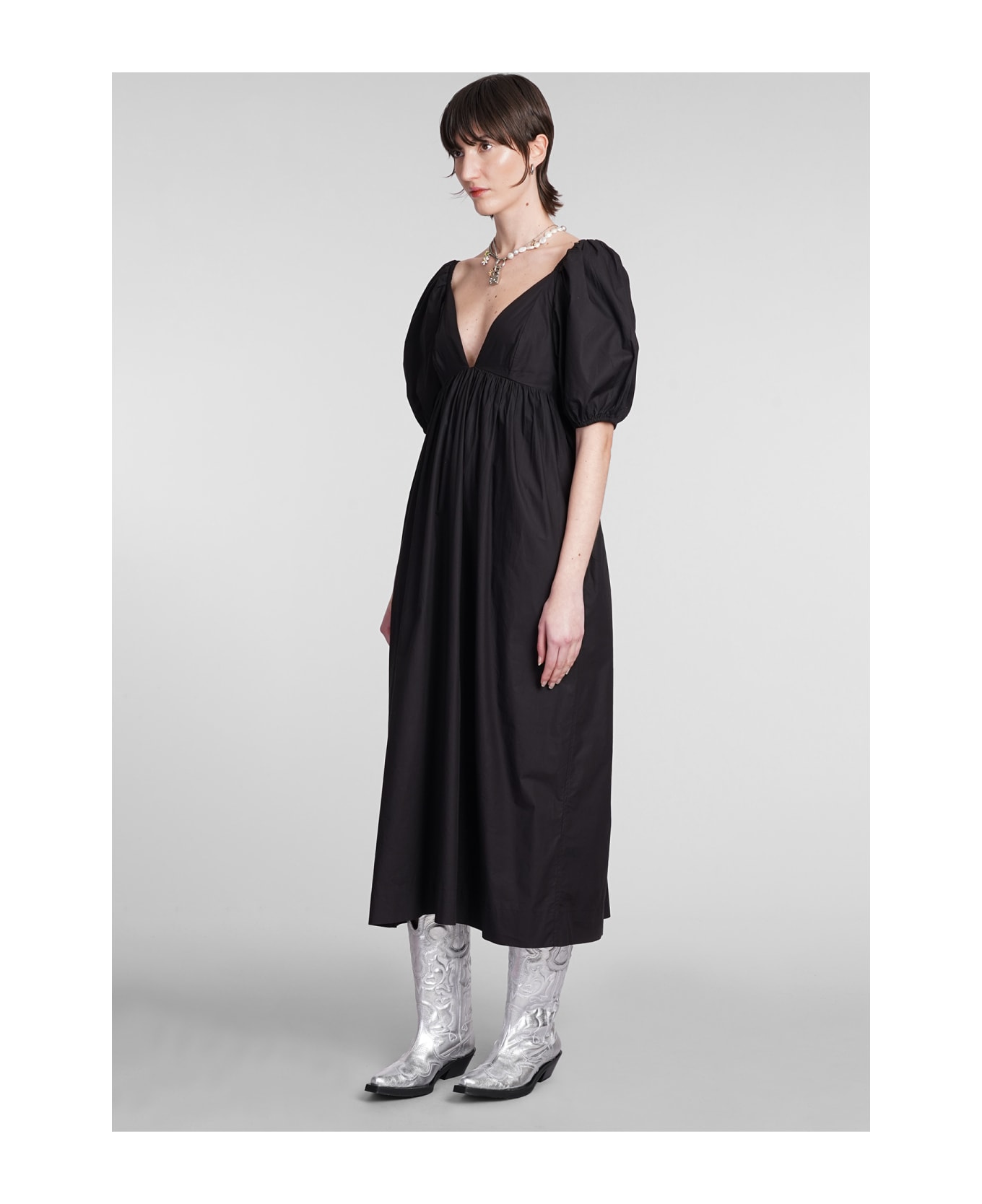 Ganni Dress In Black Cotton - Black ワンピース＆ドレス